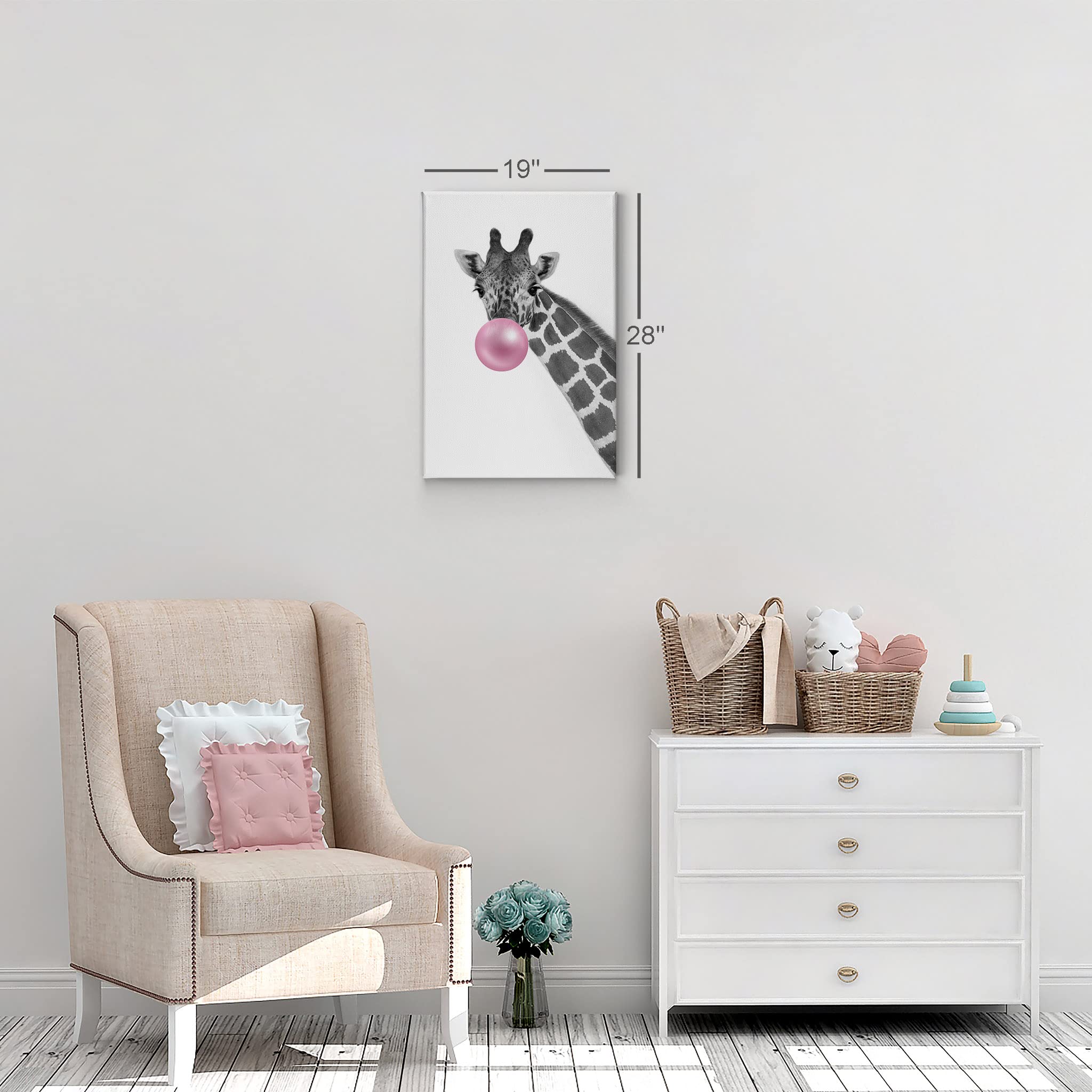 Smile Art Design Giraffe Animal Canvas Print - Pink Bubble Gum Art, Black & White Wall Decor for Nursery, Kids Room - Handmade in USA, 40x30 Inch, Ready to Hang - Perfect for Baby Showers, Children's Bedrooms & Playroom Decor