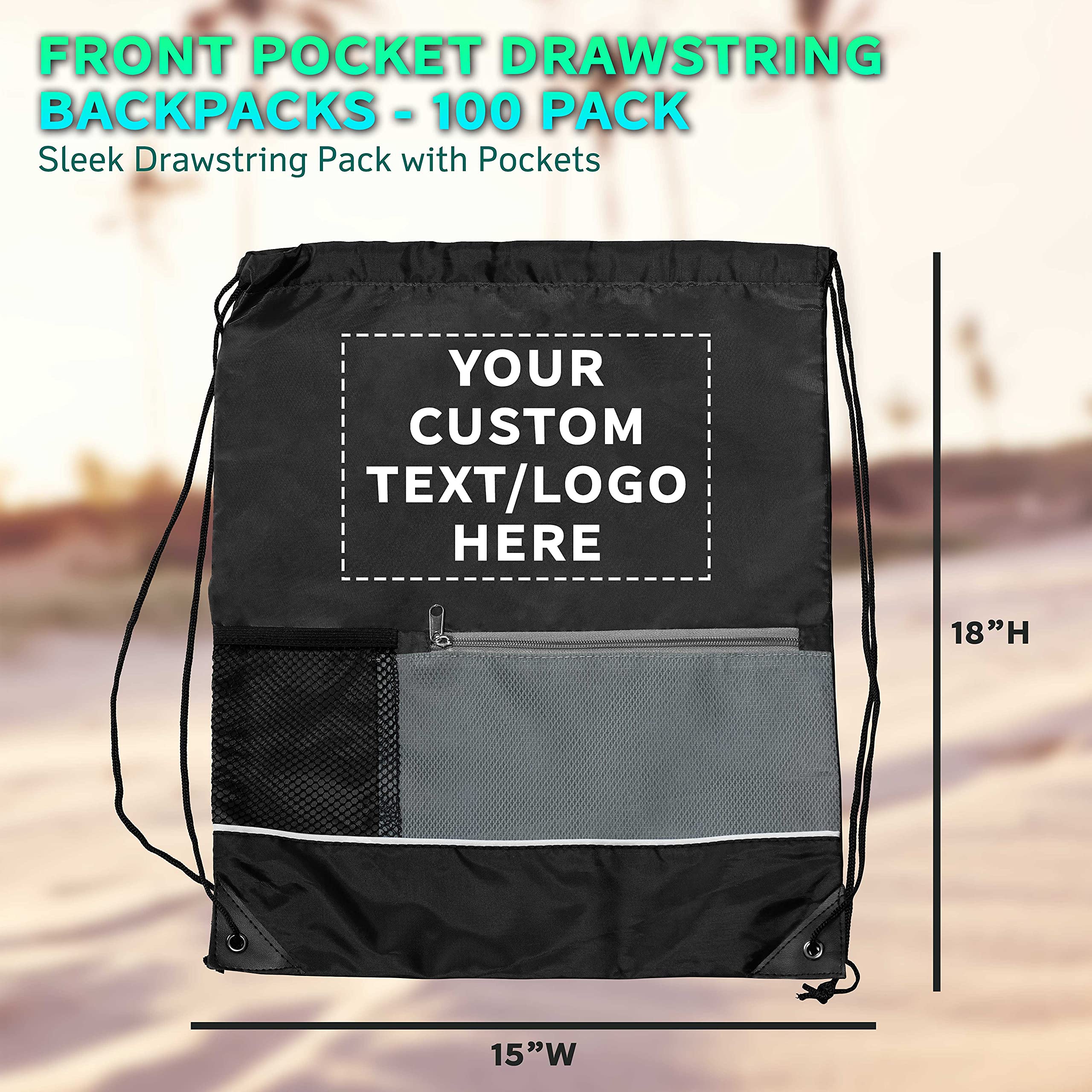 Custom Front Pocket Drawstring Backpacks - Bulk Pack of 100, Personalized Reusable Lightweight Sports Bags for Gym, Travel & Promotional Events - Black