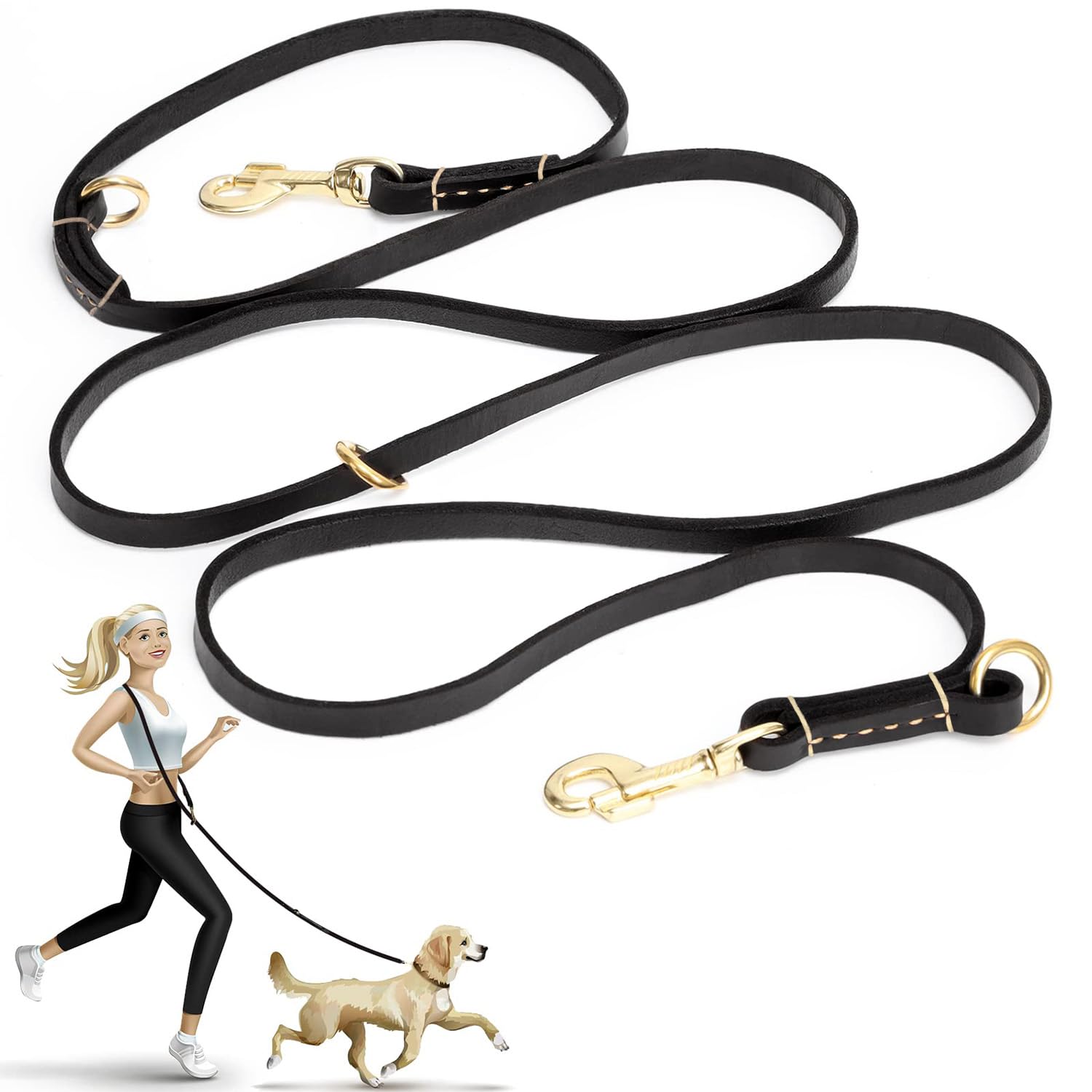 8ft Leather Dog Leash - 6-in-1 Multi-Function Training Lead for Small, Medium & Large Dogs | Hands-Free, Adjustable, Durable | Perfect for Walking, Running, Hiking & Service Dogs (Black)