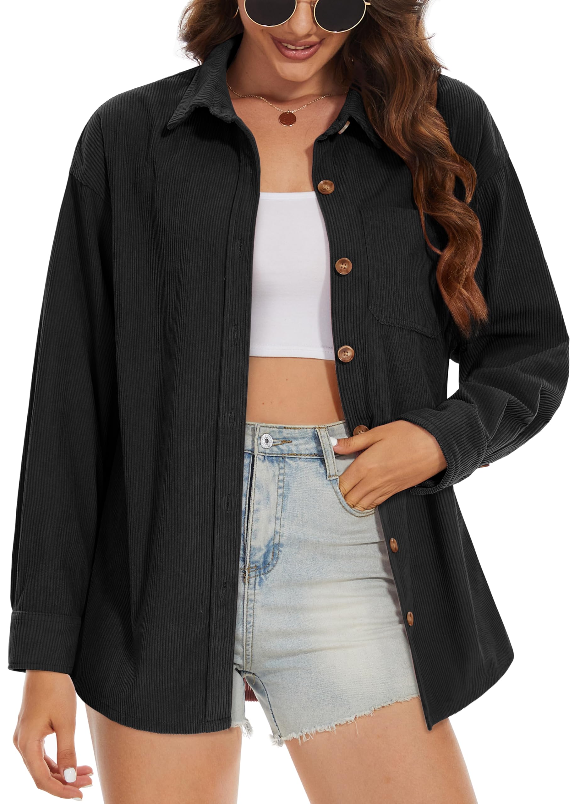 MAGCOMSEN Women's Corduroy Shacket - Long Sleeve Button Down Shirt Jacket with Bust Pocket, Loose Fit Casual Blouse for Spring | Perfect for Layering, Office Wear & Weekend Outfits