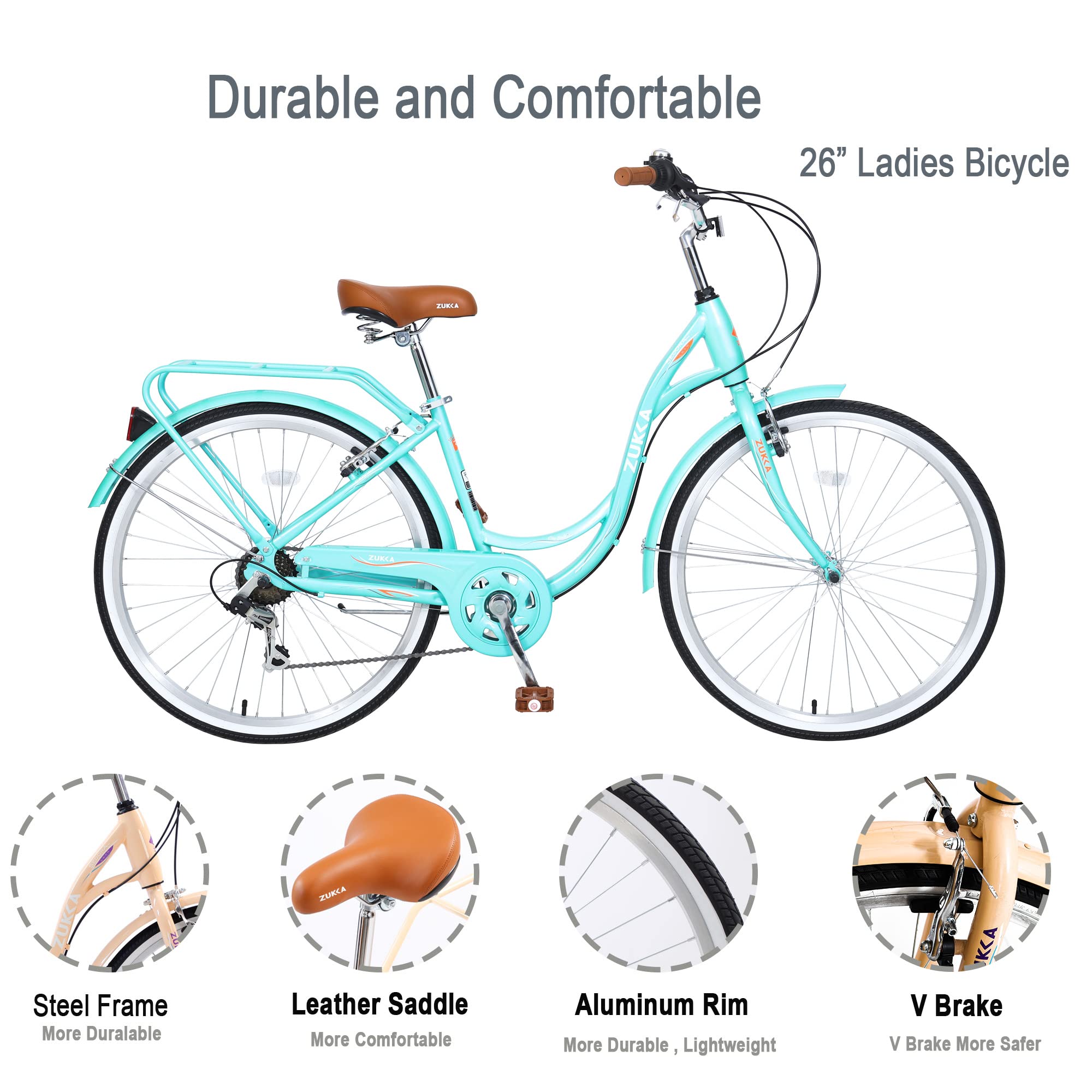 **ZUKKA 24/26 Inch 7-Speed Beach Cruiser Bike for Women & Men – Dual V-Brake, Adjustable Seat, Multiple Colors – Perfect for City Commuting, Beach Rides & Leisure Cycling**