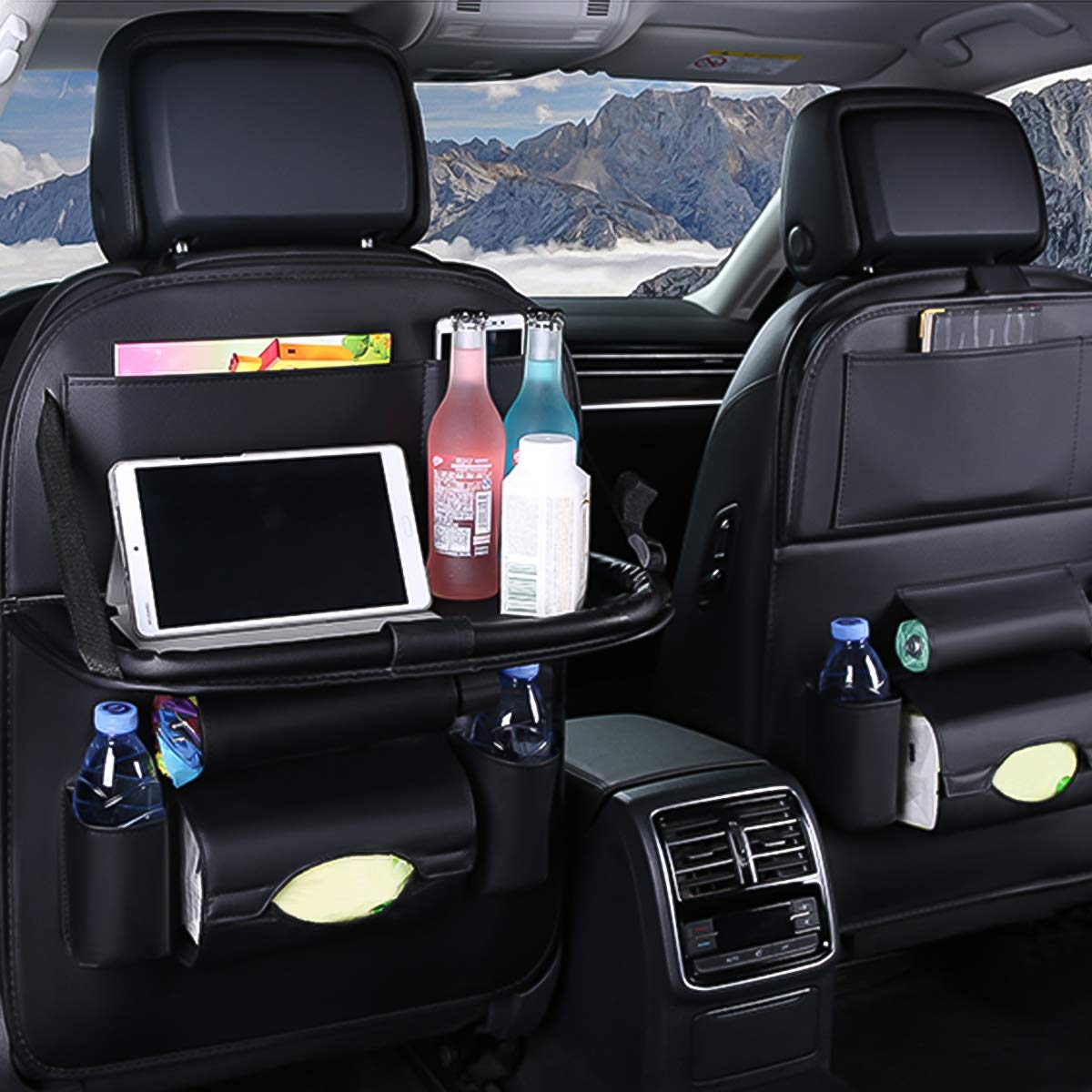 Premium PU Leather Car Back Seat Organizer with Foldable Tablet Holder - 2 Pack Black Multi-Function Kick Mats for Long Trips & Family Travel - Protects Seats & Organizes Toys, Snacks, Electronics