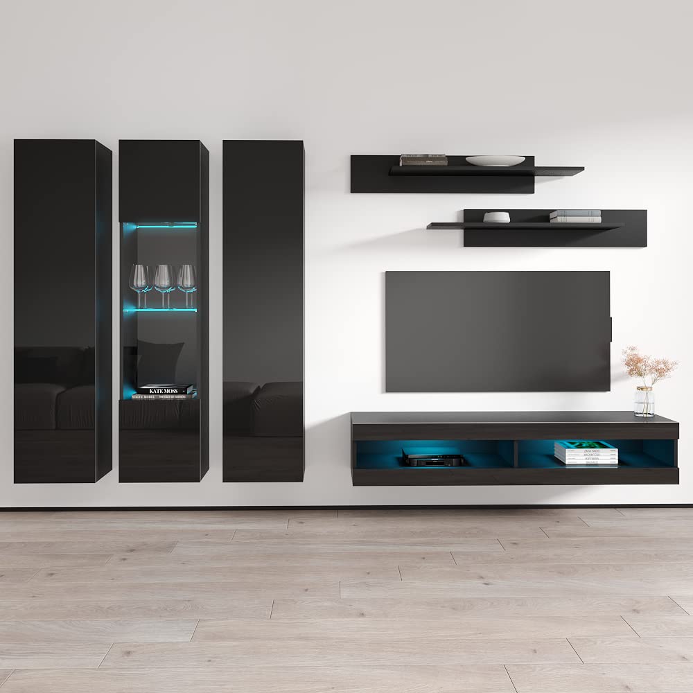 Modern Wall-Mounted TV Stand with Storage & LED Lights - 34