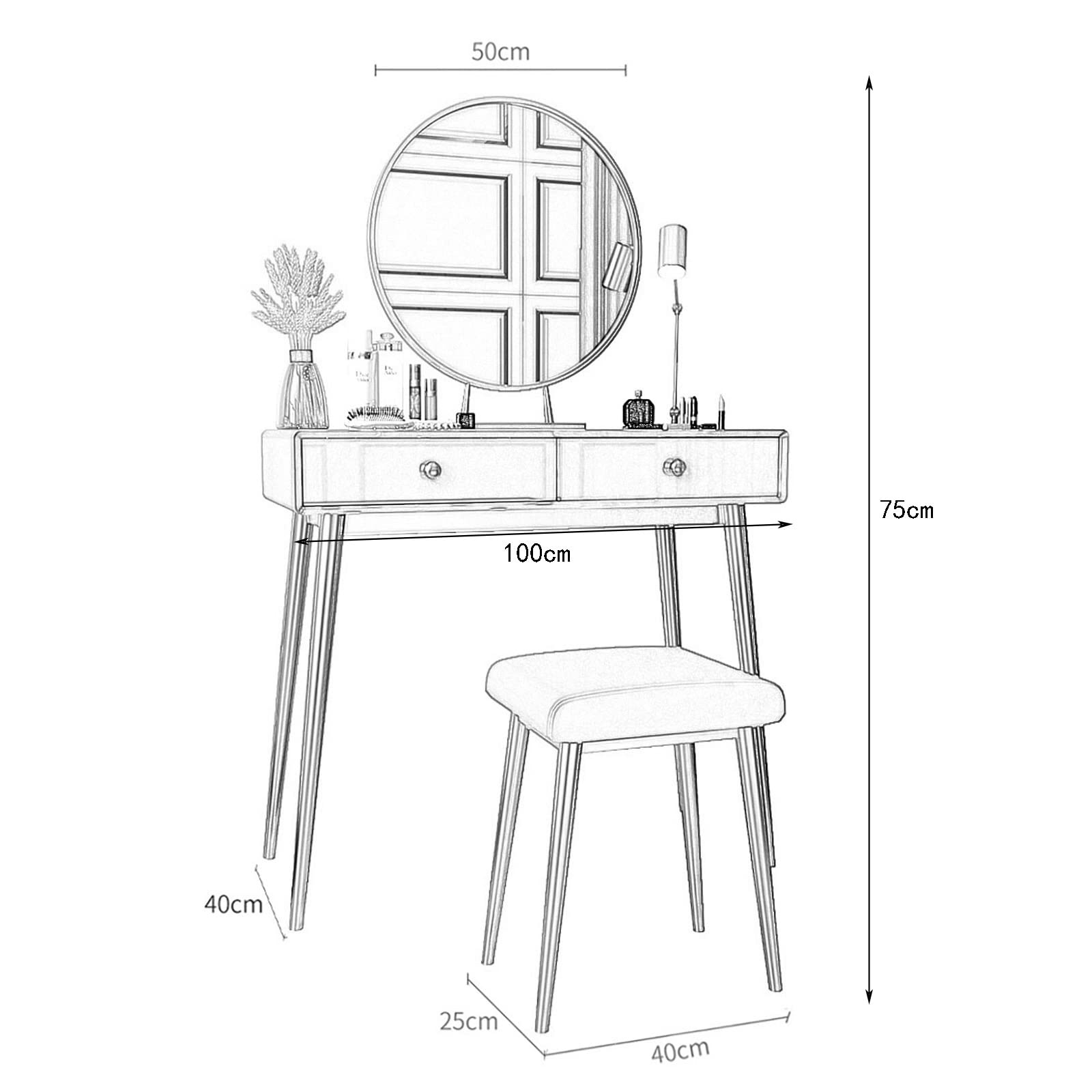 CAYJ Large Vanity Desk Set with 2 Storage Drawers, Padded Stool & Mirror - Elegant Dressing Table for Bedroom, Home Office or Writing Desk - Perfect for Makeup, Skincare Routine and Workspace Organization
