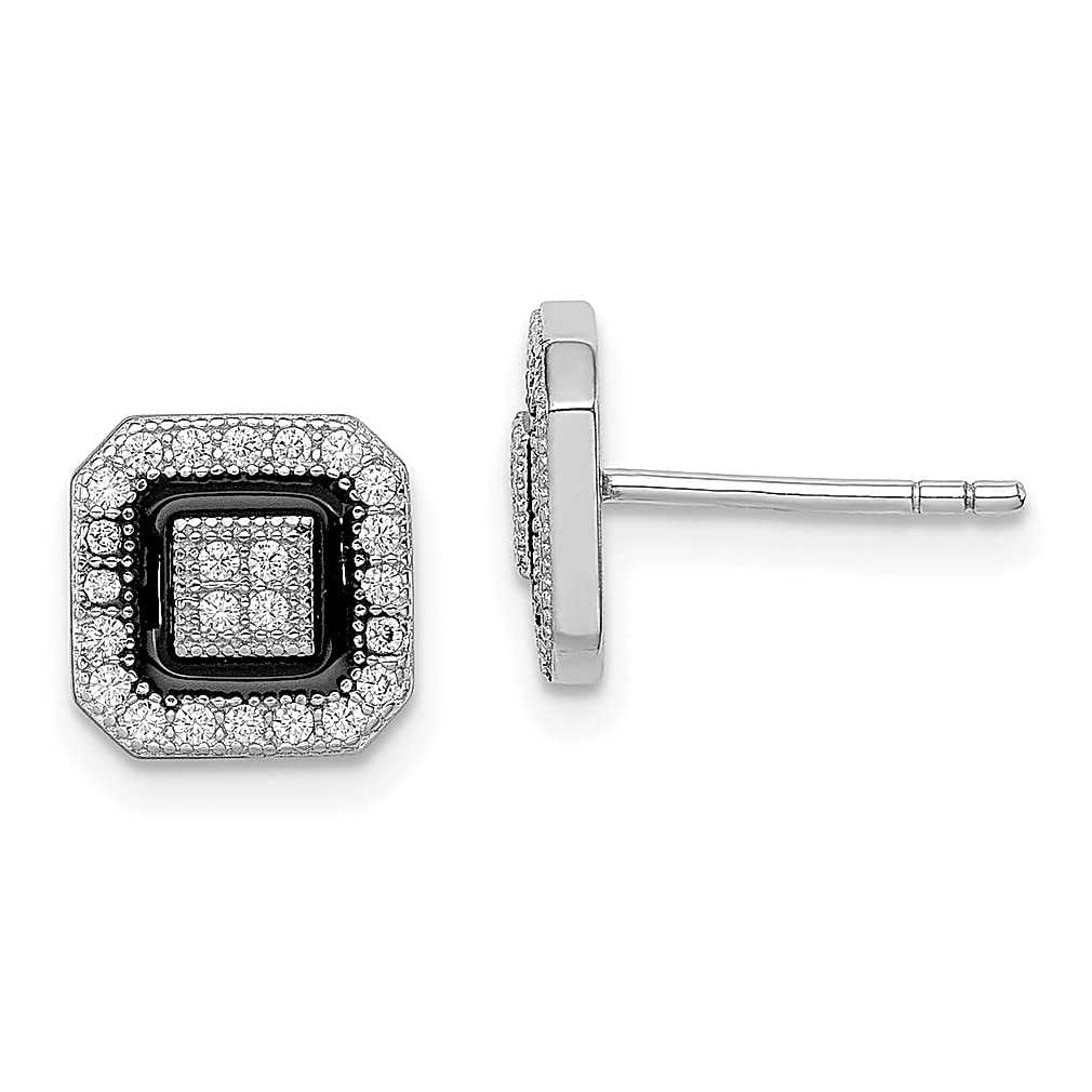 925 Sterling Silver Black Enamel Pavé Cubic Zirconia CZ Square Halo Post Stud Earrings for Women - Elegant Ball Button Fine Jewelry Gift for Her - Perfect for Weddings, Parties & Special Occasions