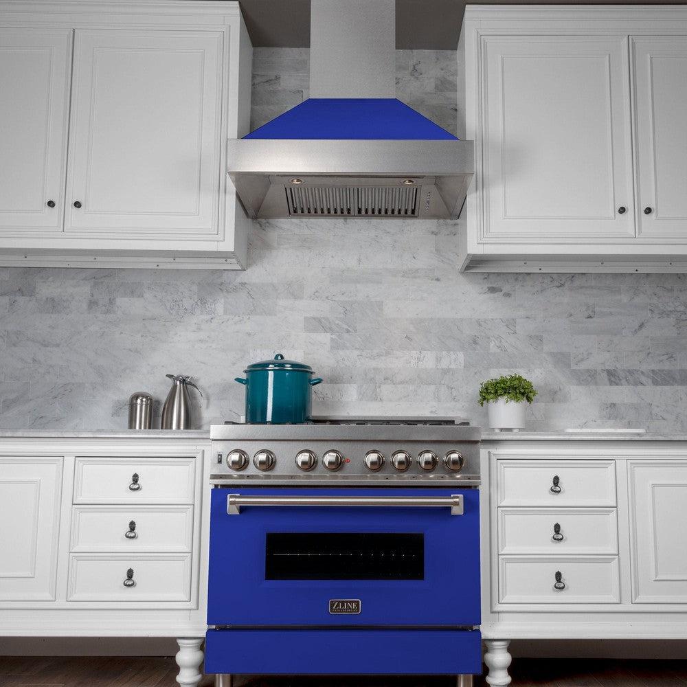 ZLINE 36 Inch Stainless Steel Wall Mount Range Hood - Satin Finish with Blue Matte Shell (8654BM 36) | Powerful Ducted Ventilation for Kitchen | Perfect for Modern Home Cooking & Smoke Removal