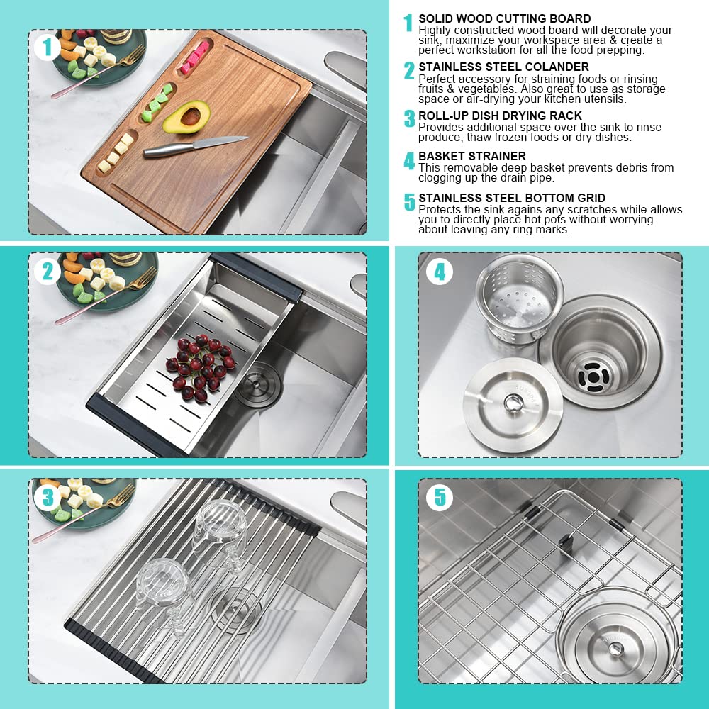 33 Inch Stainless Steel Undermount Double Bowl Kitchen Sink Workstation - 16 Gauge 60/40 Deep Basin with Cutting Board & Accessories | Perfect for Meal Prep, Dishwashing & Modern Kitchen Renovations