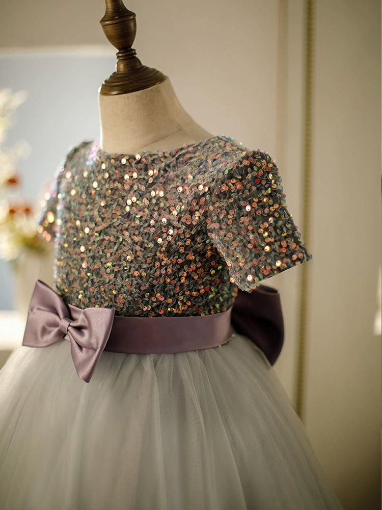 Dusty Blue Princess Round Tea Length Tulle Flower Girl Dress for Weddings, Bridal Showers & Special Occasions