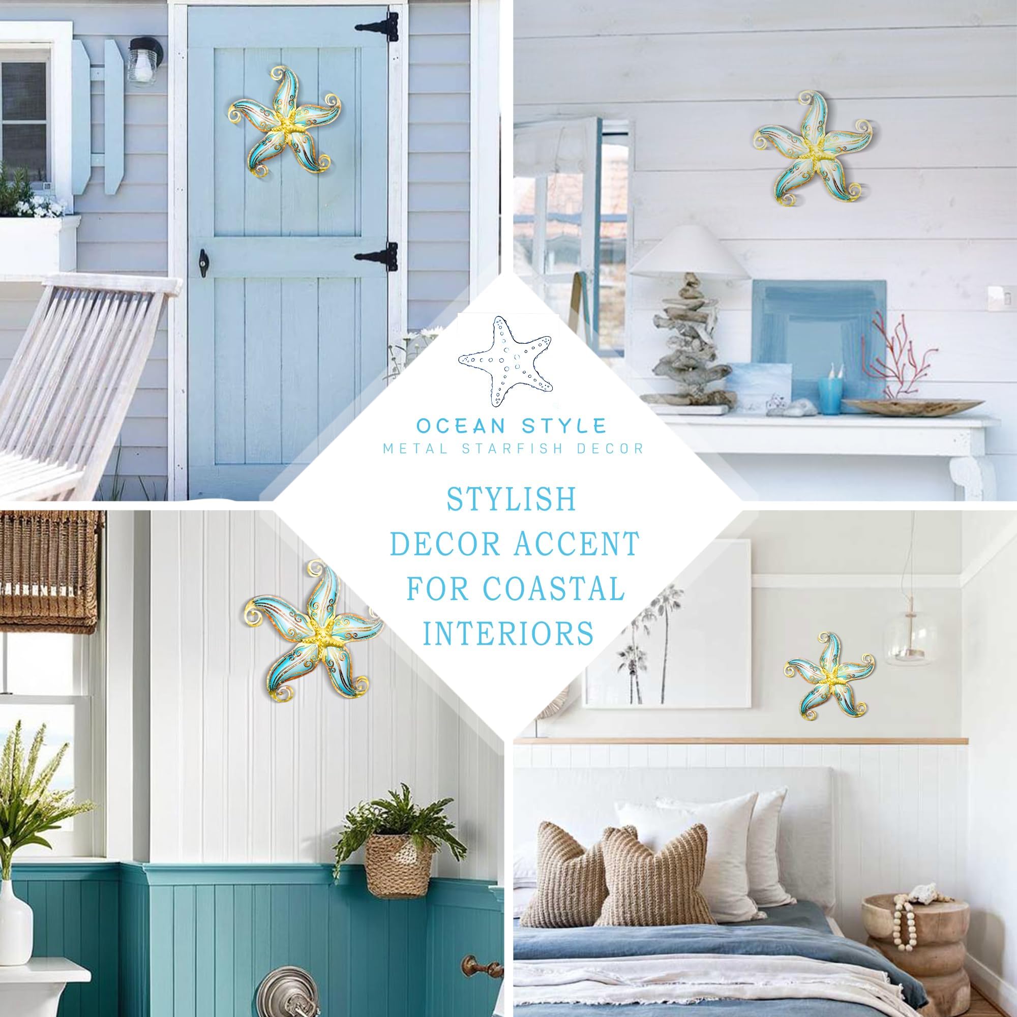 12 Inch Blue Metal Starfish Wall Decor - Coastal & Nautical Ocean-Themed Home Decor for Beach House, Garden, Fence, Patio, Kitchen & Bathroom - Perfect for Coastal Living & Seaside Decorations