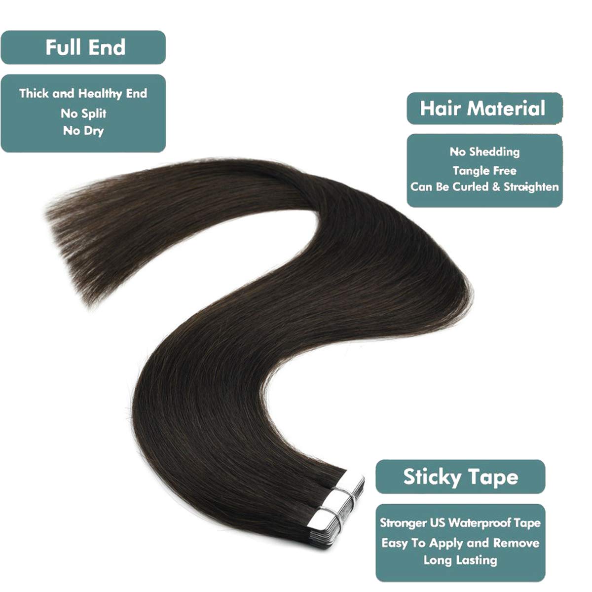 20 Inch Tape in Hair Extensions Human Hair - 12 Pieces Skin Weft Straight Thick Natural Hair Extensions with 20pcs Replacement Tape (50g, Darkest Brown #2) for Daily Styling, Volume Boost & Special Occasions