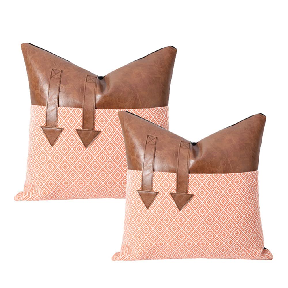 TEQIN 2-Piece Set Orange Contrast Leather Pillow Covers 18x18 Inch - Diamond Plaid Pattern Modern Minimalist Pu Canvas Pillowcases for Sofa, Living Room & Home Decor | Perfect for Cozy Reading Nooks and Stylish Accent Pillows