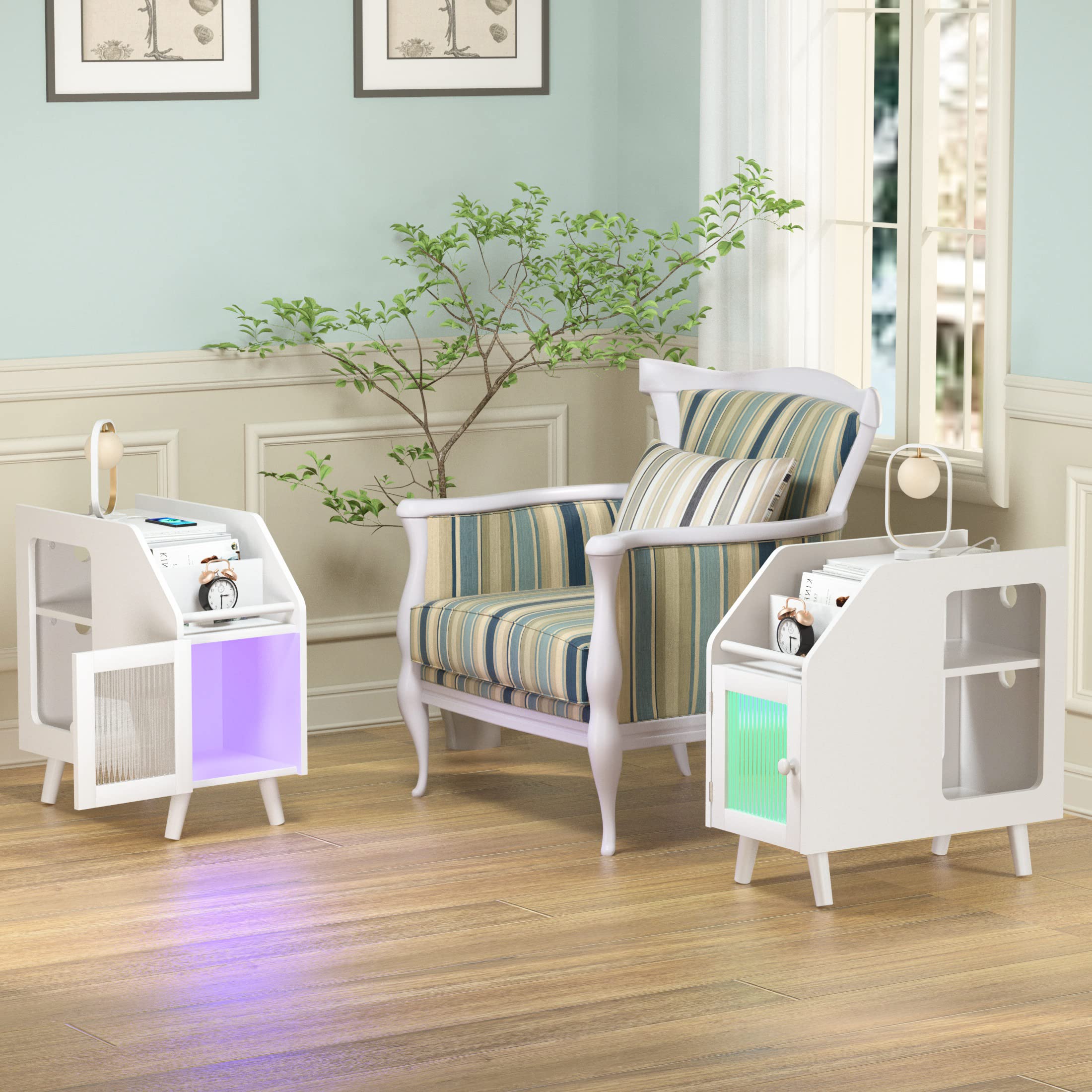 White Narrow Nightstand with Charging Station, USB Ports & Outlets - LED Light Bedside Table with Storage Cabinet for Small Spaces | Perfect for Bedroom, Living Room & Dorm Use