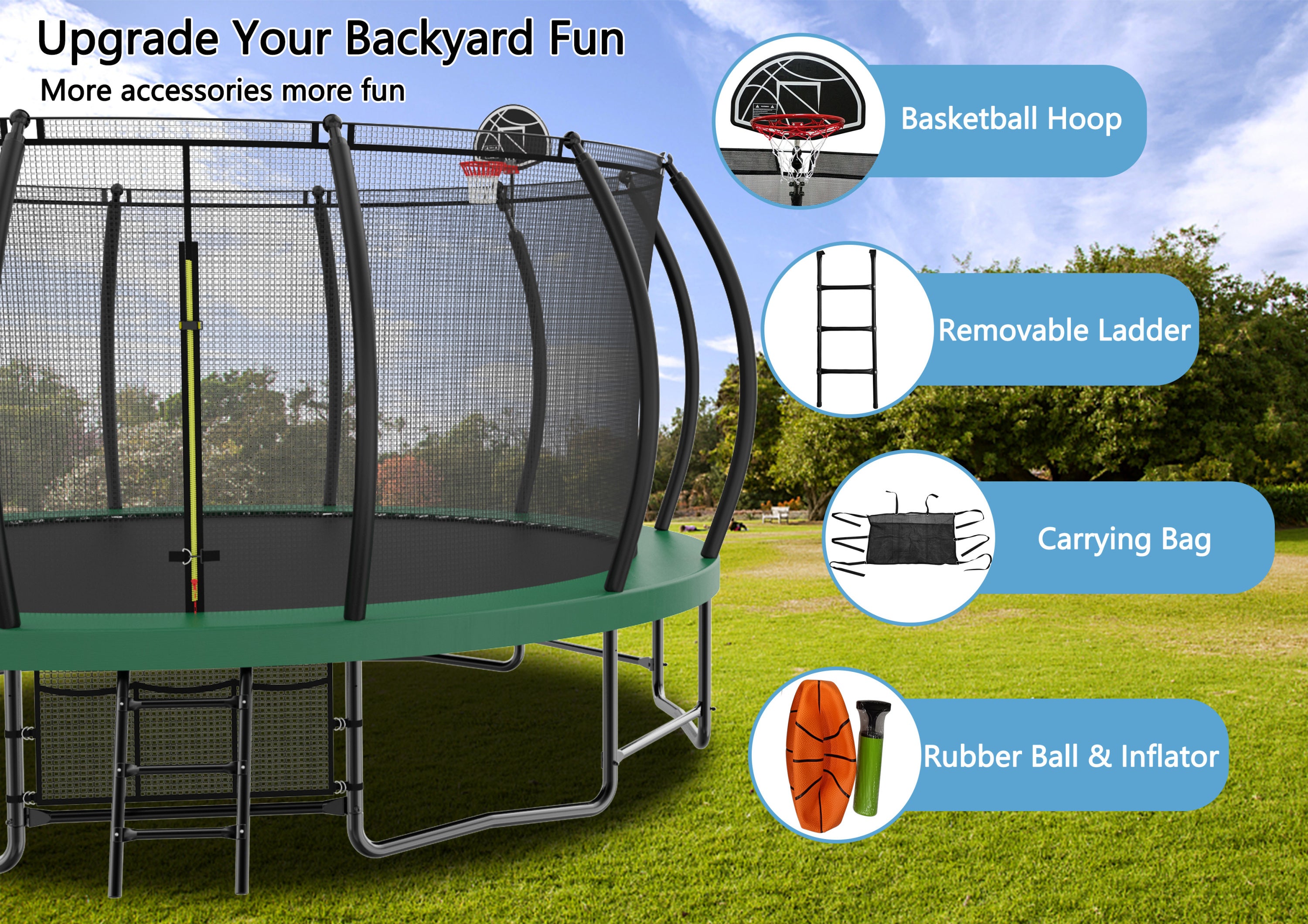 15FT Trampoline with Basketball Hoop - Heavy Duty Outdoor Trampoline with Safety Enclosure, Ladder, Shoe Bag & Rust-Proof Coating | Perfect for Backyard Fun, Kids Play & Family Fitness Activities