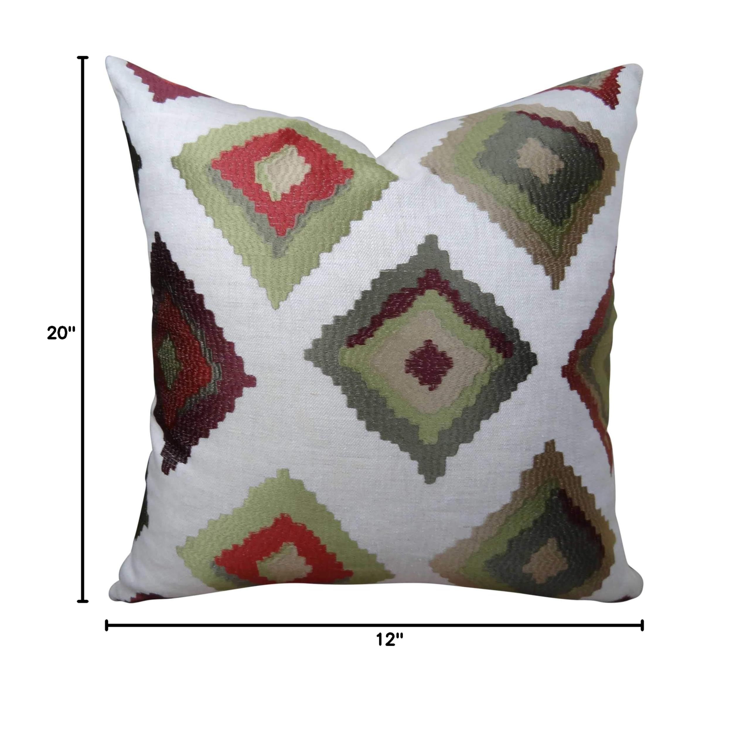 Plutus Earth Native-Trail Handmade Throw Pillow 12x20 Inches - Boho Chic Decorative Cushion Cover for Sofa, Bed & Outdoor - Soft Cotton Blend in White, Green & Red Tribal Pattern