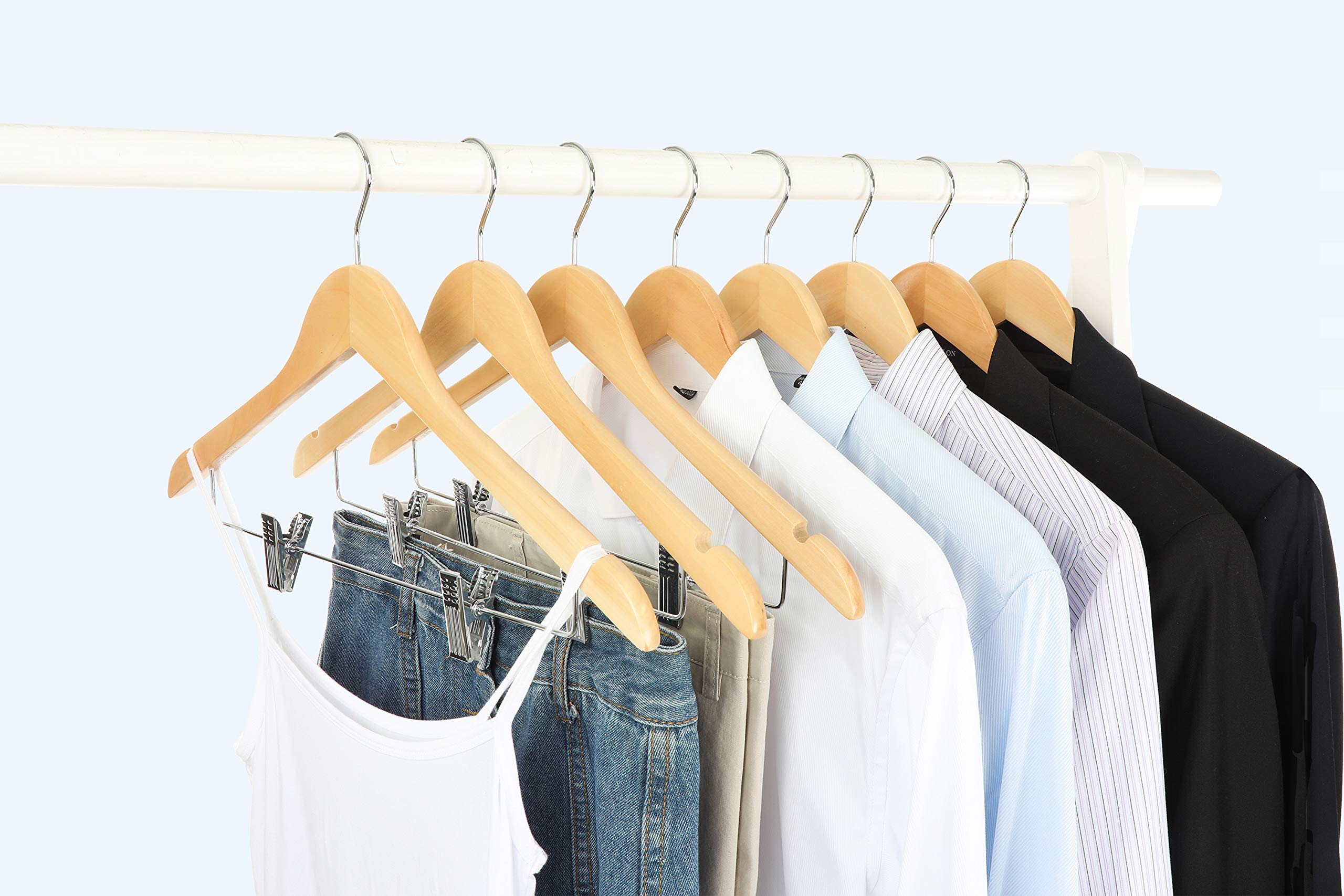Premium Wooden Clothes Hangers 10 Pack - Adjustable Metal Clips & 360° Swivel Hook for Suits, Pants, Skirts, Jeans, Coats & Jackets | Ideal for Closet Organization, Wardrobe Storage & Travel Use - TOPIA HANGER CT28N