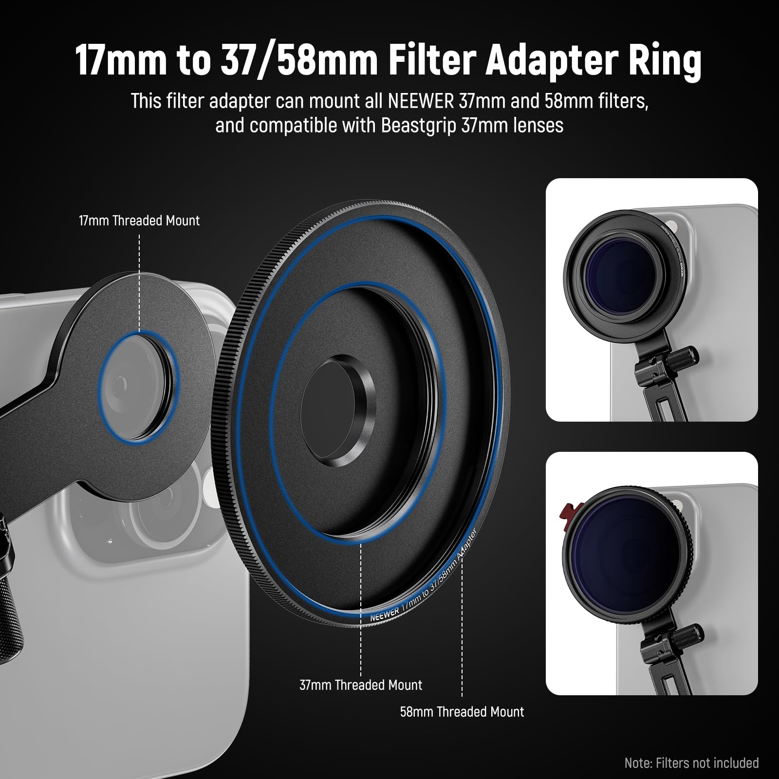 Neewer Universal 17mm Phone Camera Lens Clamp with 17-37mm & 58mm Filter Adapter - Compatible with iPhone 16 Pro Max, Samsung Galaxy S24 Ultra - Perfect for Travel Photography, Vlogging & Mobile Filmmaking