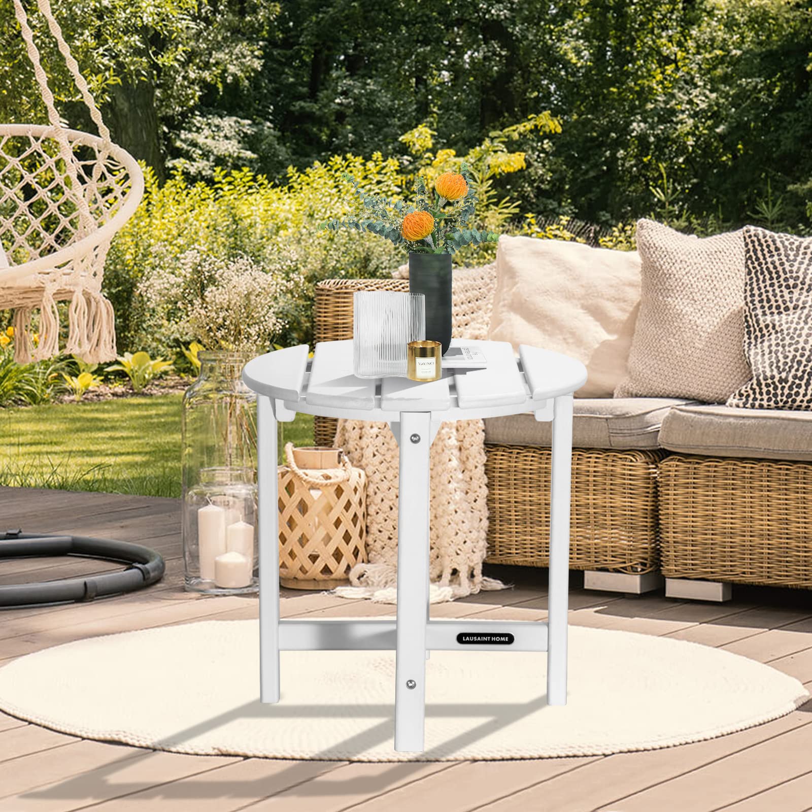 LAUSAINT HOME Outdoor Adirondack Side Table - Weather Resistant Round Coffee End Table for Patio, Garden, Deck - Easy to Assemble White Accent Furniture for Relaxing Outdoors
