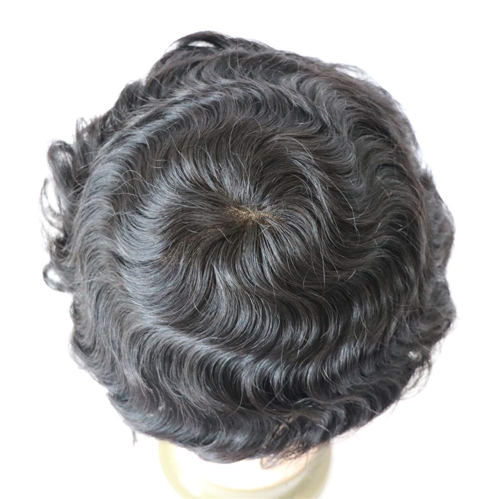 Men's French Lace Wave Hair Toupee 8x10 Inch - Afro Loose Curly Human Hair Replacement Piece #1B Off Black - 120% Medium Density - Perfect for Daily Wear, Cosplay & Hair Loss Solutions