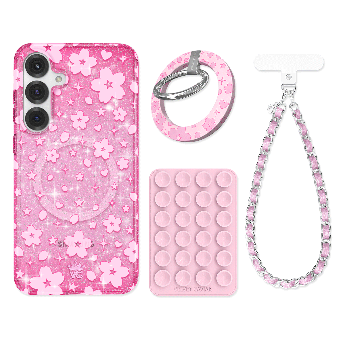 Cherry Blossom Glitter Phone Grip & Sticker Bundle for Samsung Galaxy - Perfect for Girls, Teens, DIY Phone Accessories, Kawaii Aesthetic, Gift Ideas