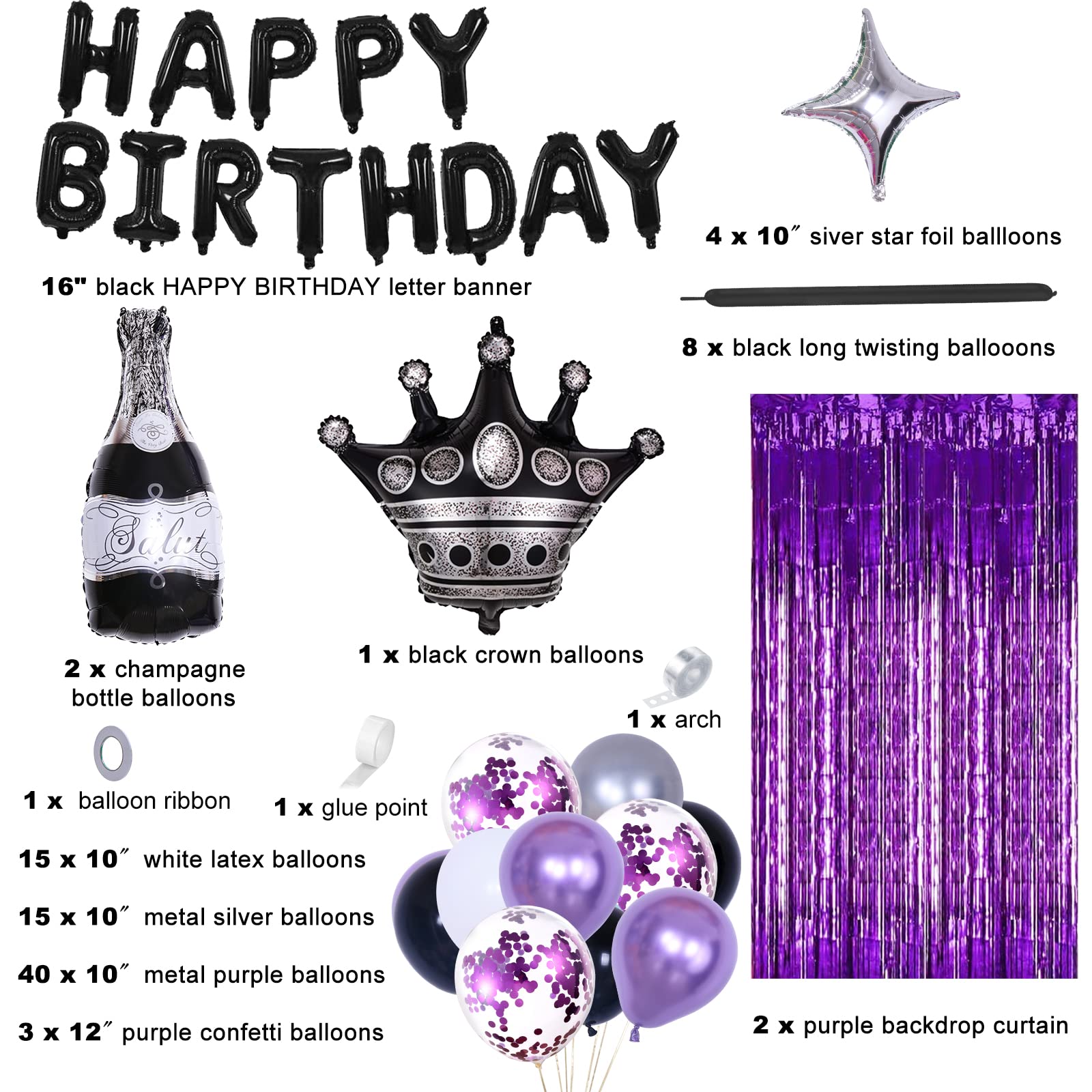 117pcs Purple & Black Birthday Party Decorations Set for Men, Women, Boys & Girls - Happy Birthday Banners, Balloons & Champagne Beer Decor - Perfect for Adult Birthday Parties, Gender Reveals & Anniversary Celebrations