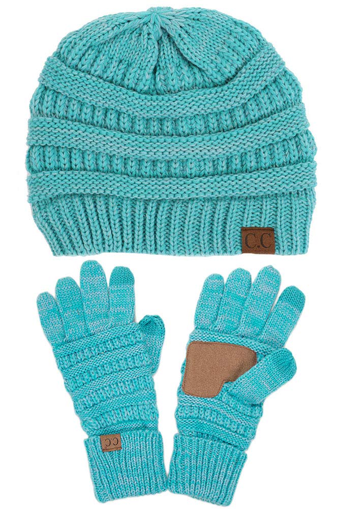 JINS CLOSET 2-Piece Winter Set - Chunky Cable Knit Beanie & Gloves - Soft Stretch Warm Two-Tone Trendy Accessories for Women - Perfect for Snowboarding, Skiing & Cold Weather Fashion