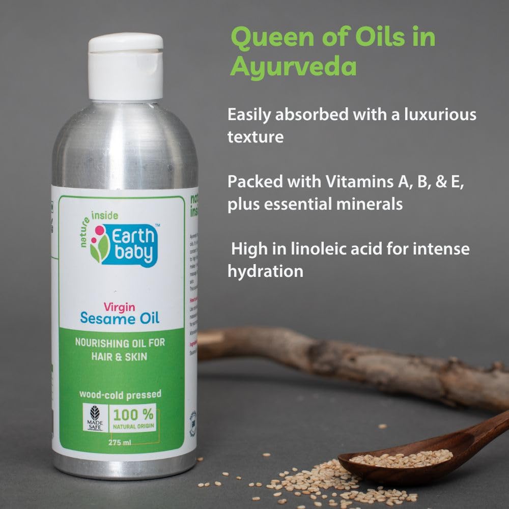 Earthbaby 100% Pure Cold-Pressed Sesame Oil (Til Oil) - 9.3oz Natural Antioxidant-Rich Body Massage Oil for Skin & Hair Care | Perfect for Aromatherapy, Baby Massage & DIY Beauty Treatments