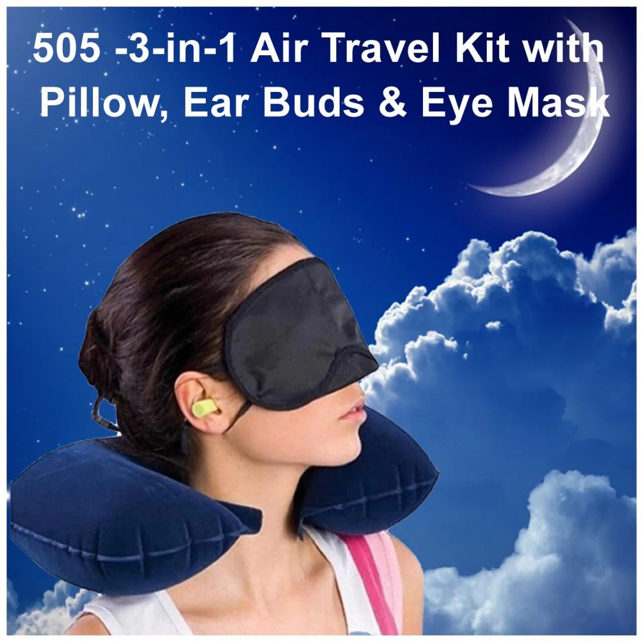 Muhoort 3-in-1 Air Travel Kit - Inflatable Neck Pillow, Soft Cotton Earplugs & Breathable Polyester Eye Mask (Multiple Colors) - Perfect for Long Flights, Business Trips & Relaxation