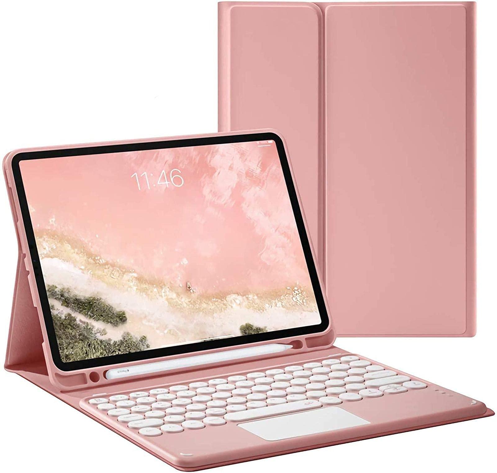 Bluetooth Keyboard Case for iPad Air 4 (10.9 Inch 2020 Model) - Slim Leather Folio Cover with Touchpad & Round Hat Design in Pink | Perfect for Work, Study & Travel