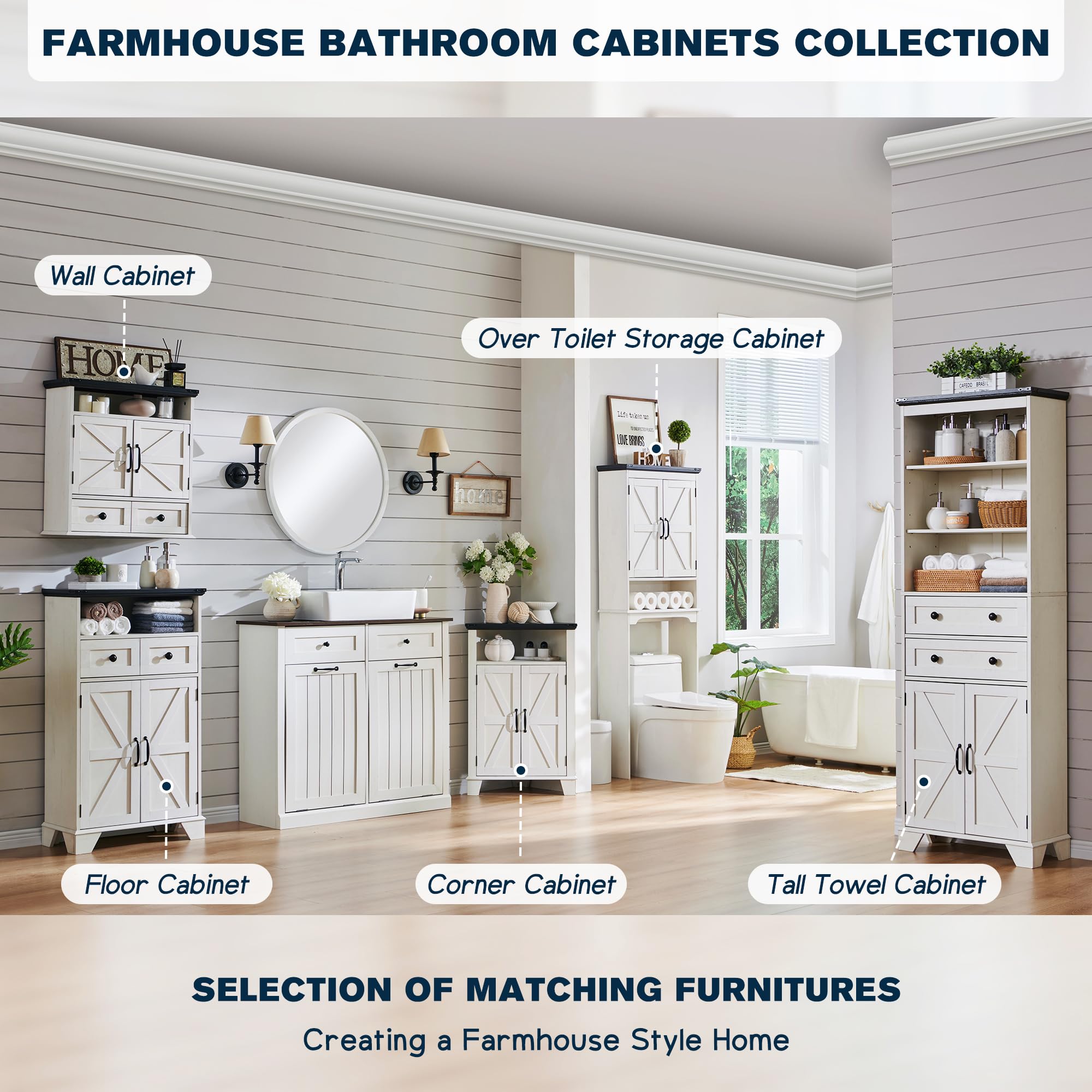Farmhouse Over The Toilet Storage Cabinet with Adjustable Shelf & Barn Door - 67