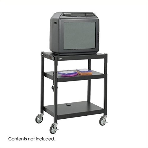 Black Steel Adjustable Height Mobile Media Cart with Wheels - Pemberly Row Rolling TV Stand for Living Room, Bedroom, or Office