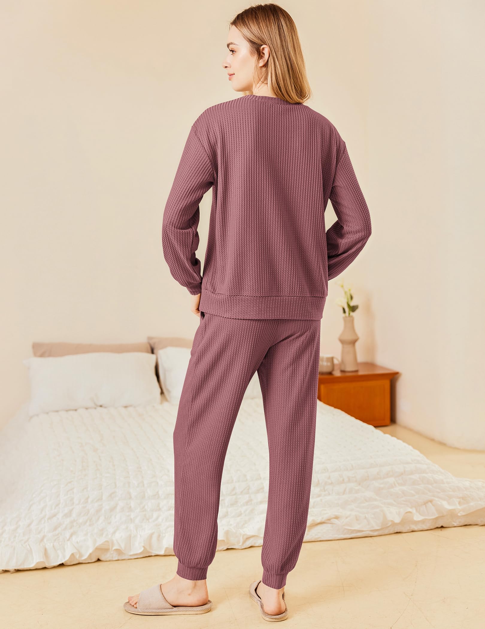 Ekouaer Women's Waffle Knit Lounge Set - Long Sleeve Pajama Set with Pockets, 2-Piece Outfit (Top & Pants) - Cozy Homewear for Relaxing, Sleeping & Lounging