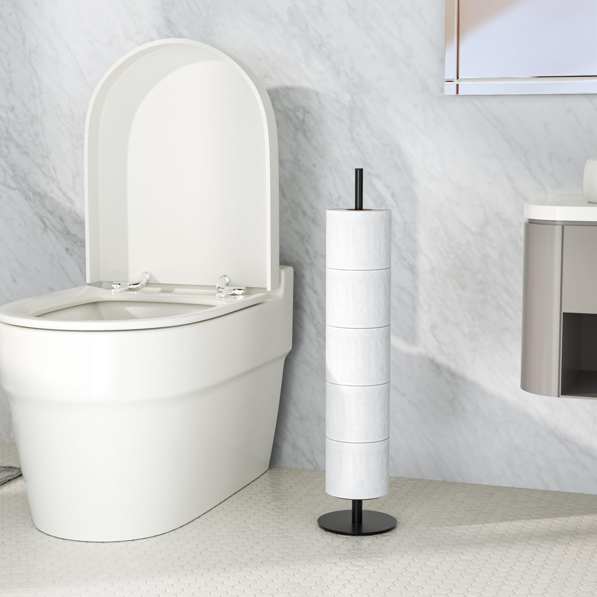 Matte Black Stainless Steel Free-Standing Toilet Paper Holder - Holds 5 Rolls | Bathroom Storage Organizer for Toilet Paper | Perfect for Home, Office & Guest Bathroom Decor