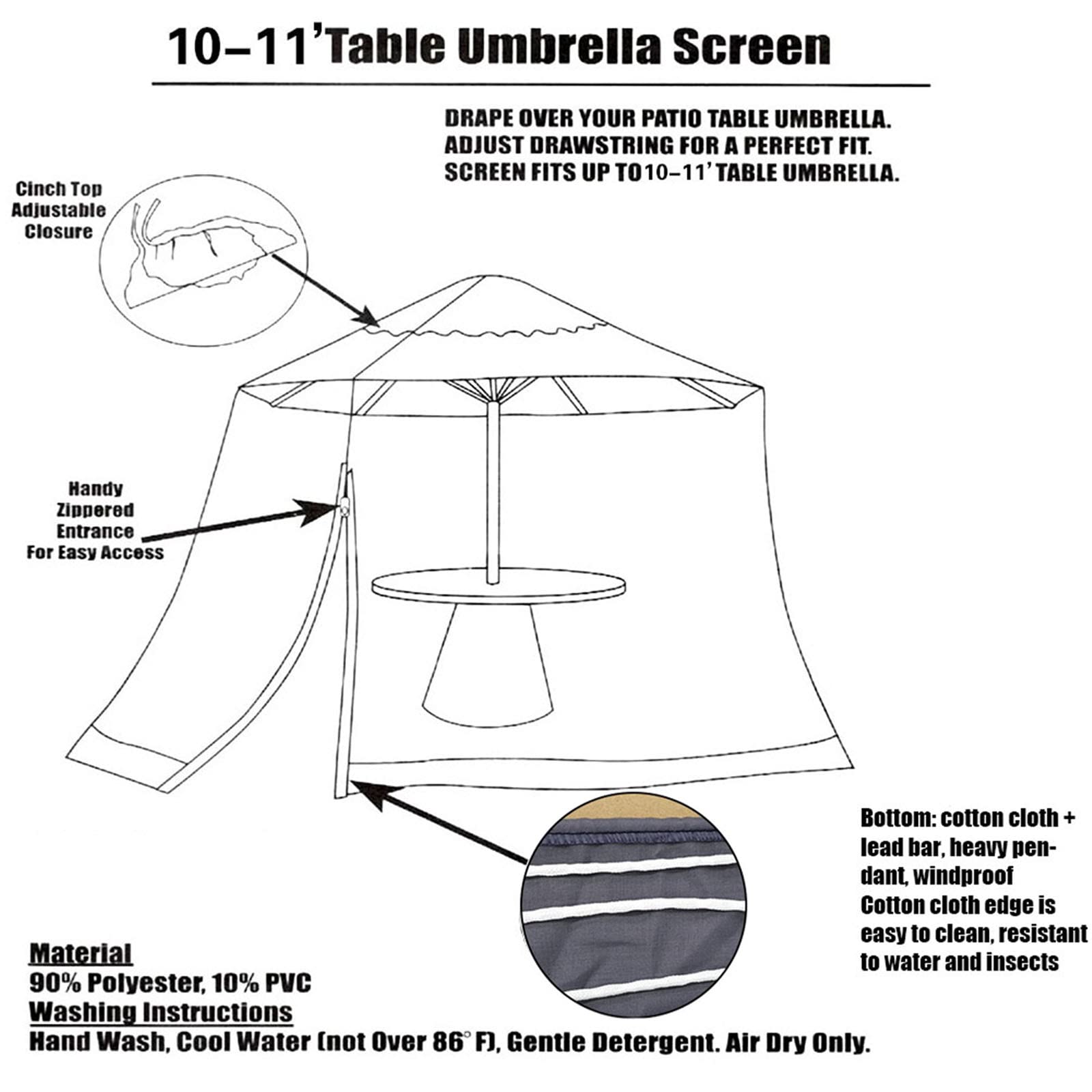 Outdoor Mosquito Net Canopy with Zipper & Drawstring - Waterproof Umbrella & Patio Table Cover for Backyard, Garden, and Camping Protection