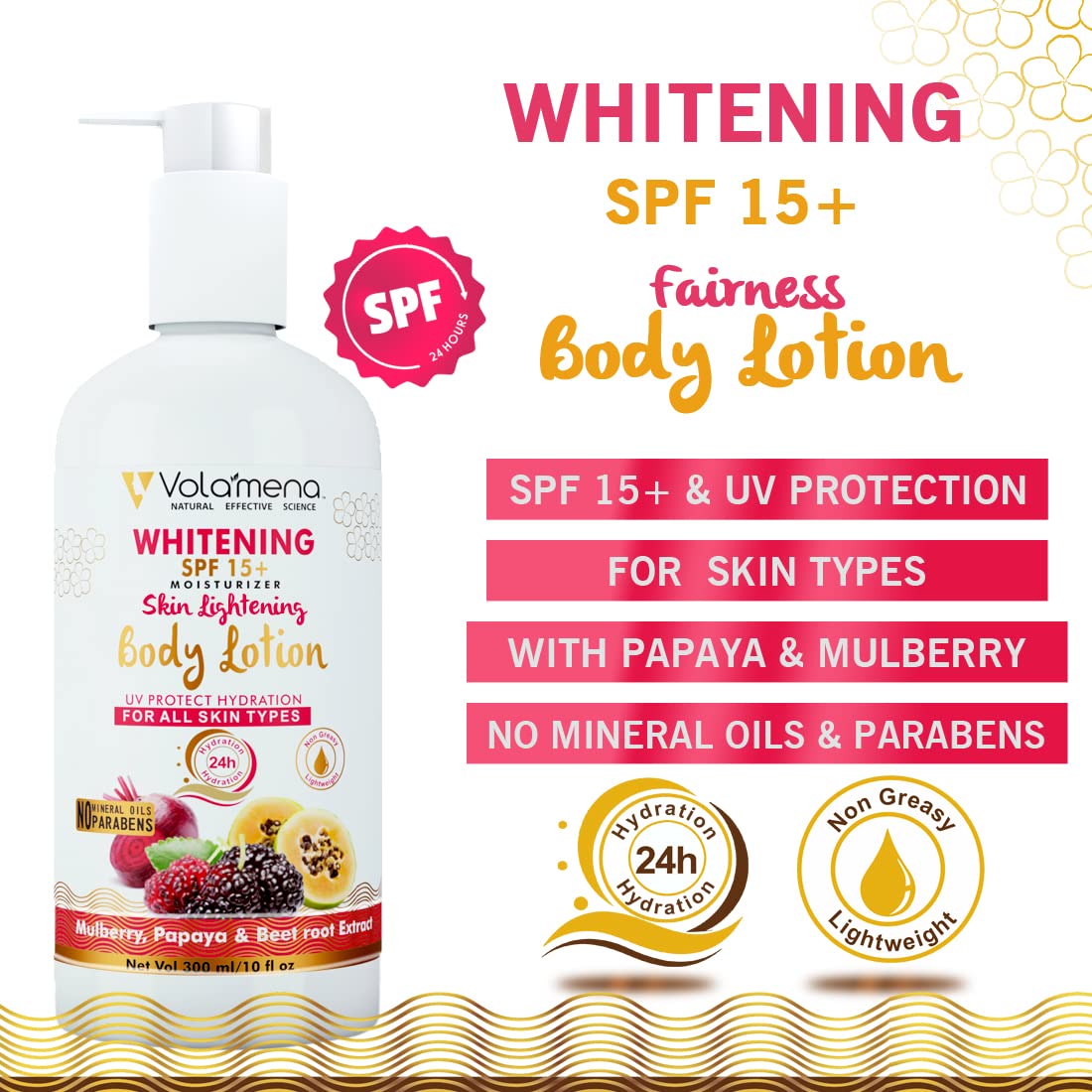 Volamena SPF 15+ Whitening & Moisturizing Body Lotion - Skin Brightening, Sun Protection for Glowing Complexion - Unisex 300ml | Perfect for Summer, Beach & Daily UV Defense