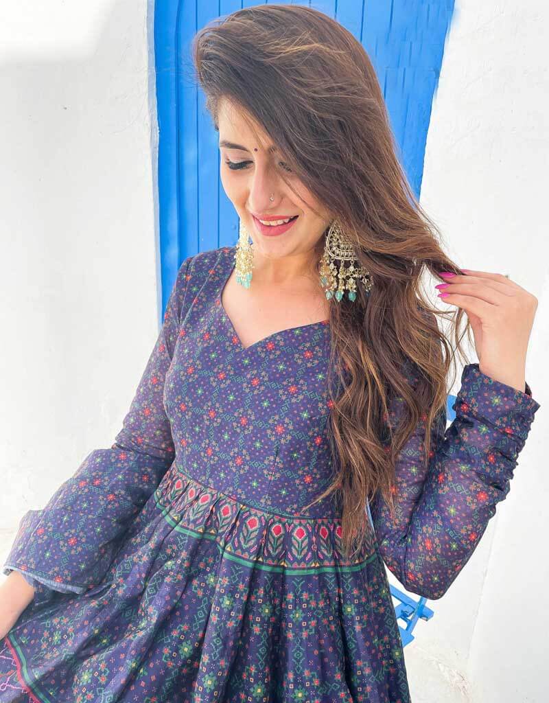 Elegant Blue Chanderi Anarkali Gown for Women - Traditional Indian Party Dress for Weddings, Festivals & Special Occasions