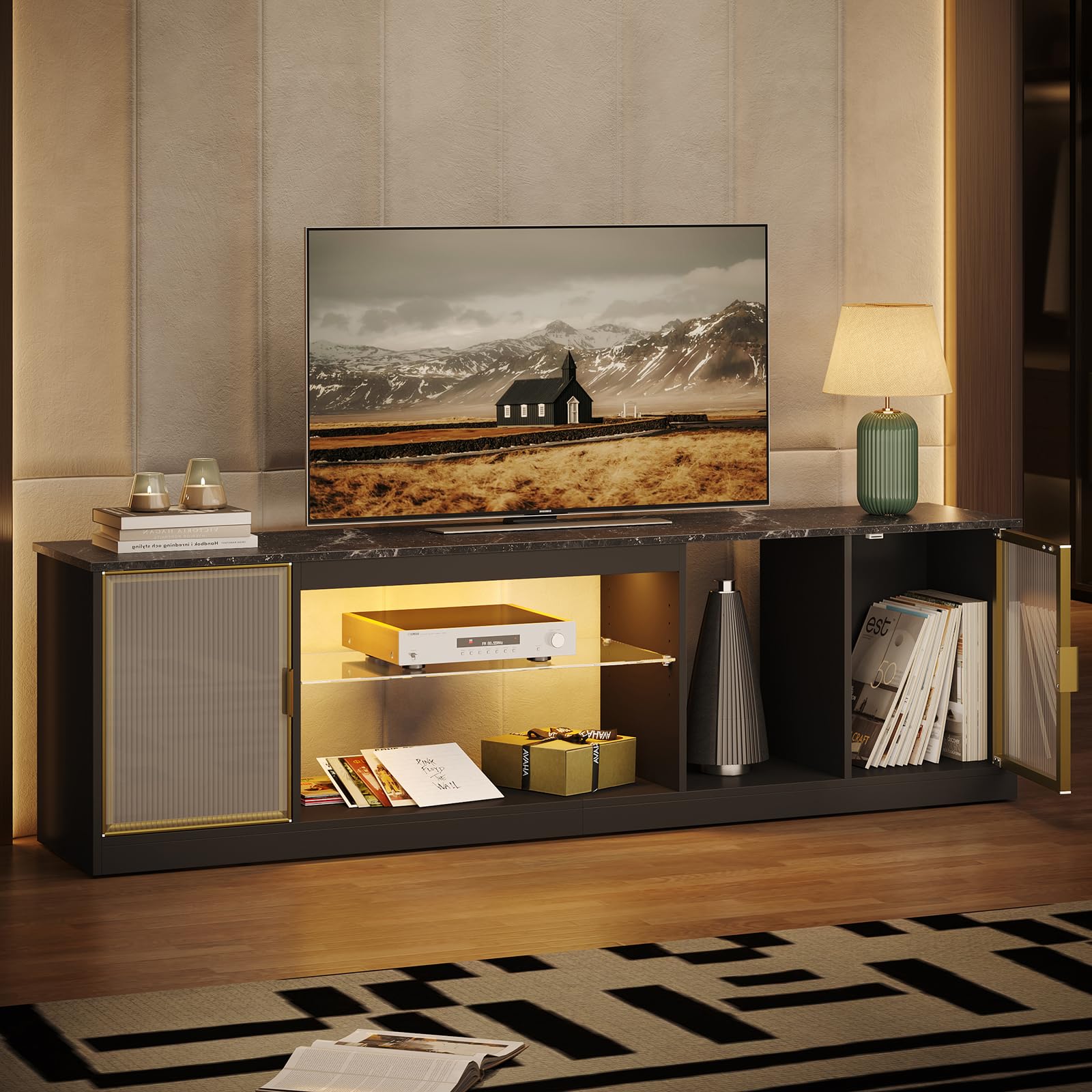 Bestier 80 Inch Gaming TV Stand with Adjustable Glass Shelf & Storage Cabinet - Modern Black Marble Entertainment Center for PS5, Xbox & Living Room - Perfect for Gaming Setups & Home Theater Systems