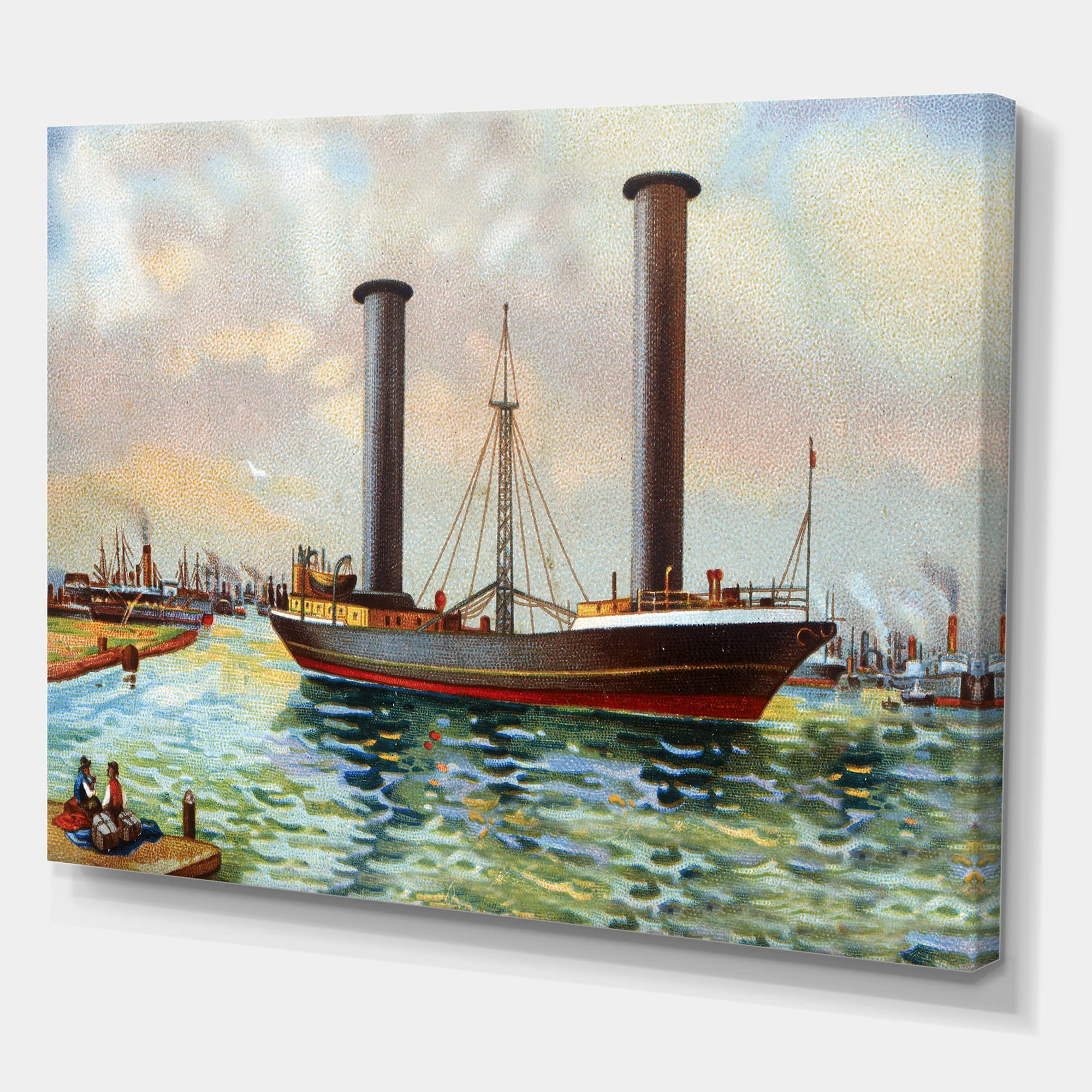 DesignQ Ancient Boat Leaving The Harbor - Nautical Coastal Canvas Wall Art Print for Living Room, Bedroom & Office Decor - Sailboat Seascape Painting for Beach House & Coastal Interior Design