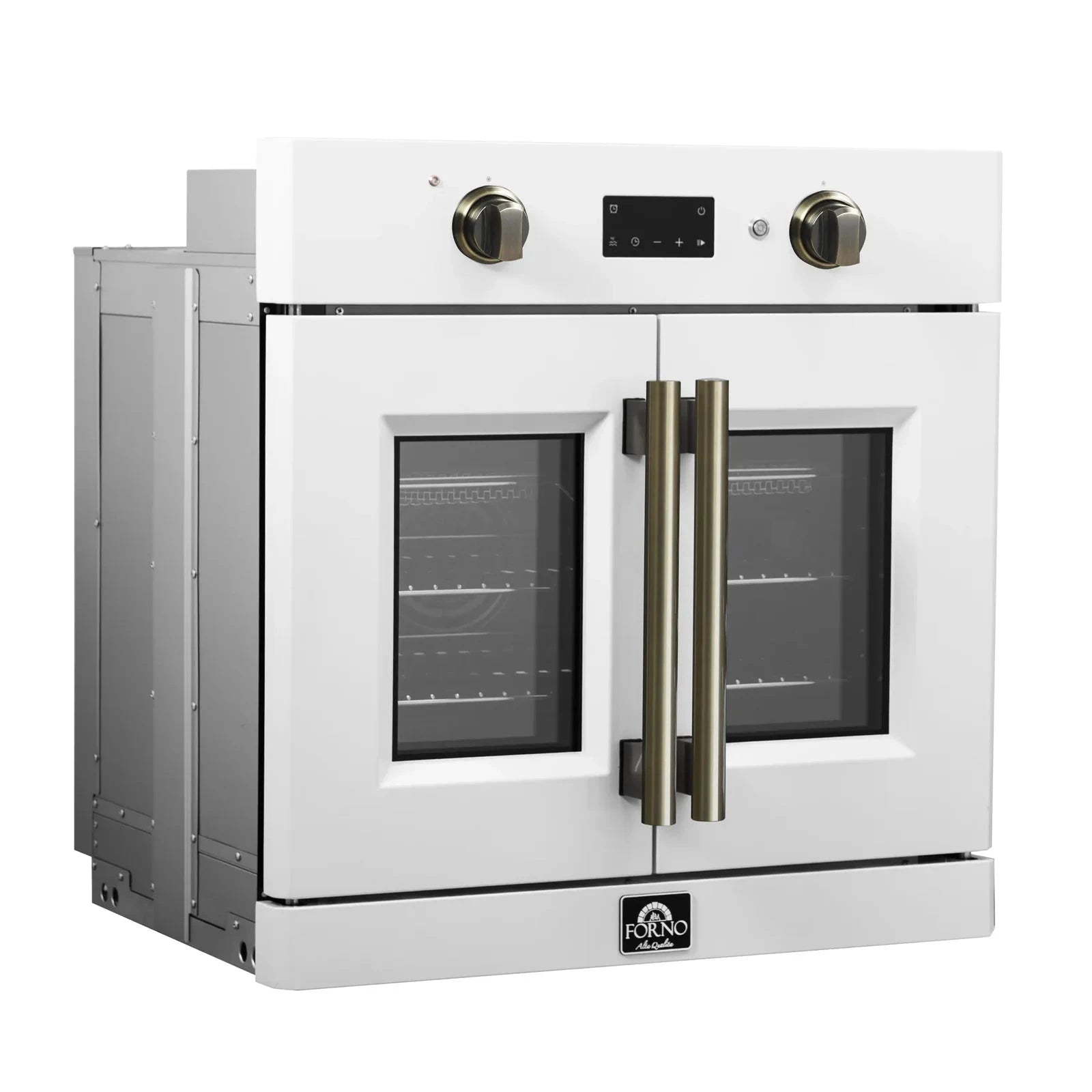 Forno Asti 30-Inch French Door Electric Wall Oven - White with Antique Brass Trim, Built-in Convection Oven, Self-Cleaning, FBOEL1333 30WHT - Perfect for Modern Kitchens & Home Baking