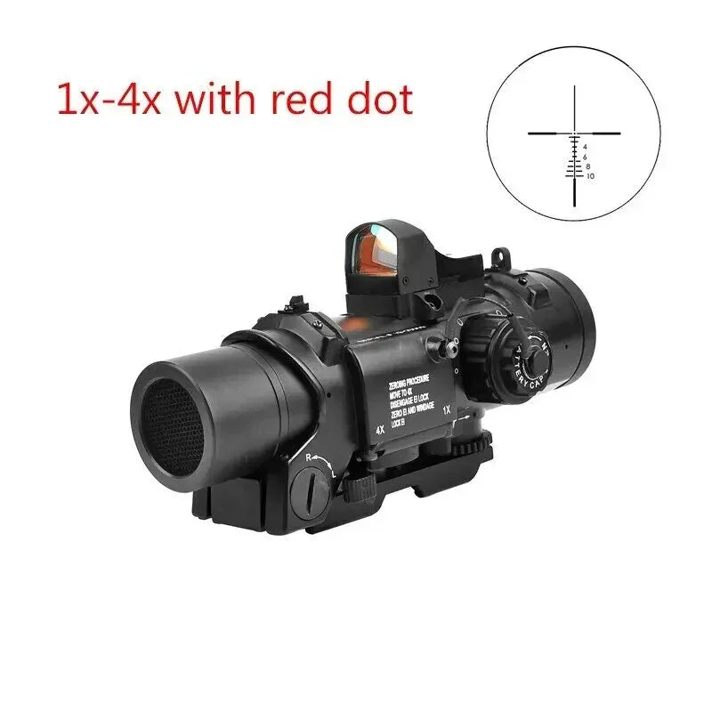 1-4x24 Wide Angle Tactical Rifle Scope with Mini Red Dot Sight | Dual Purpose Hunting & Shooting Accessory | Includes Rubber Covers (Black/Tan) | Perfect for Hunting, Target Practice & Tactical Training