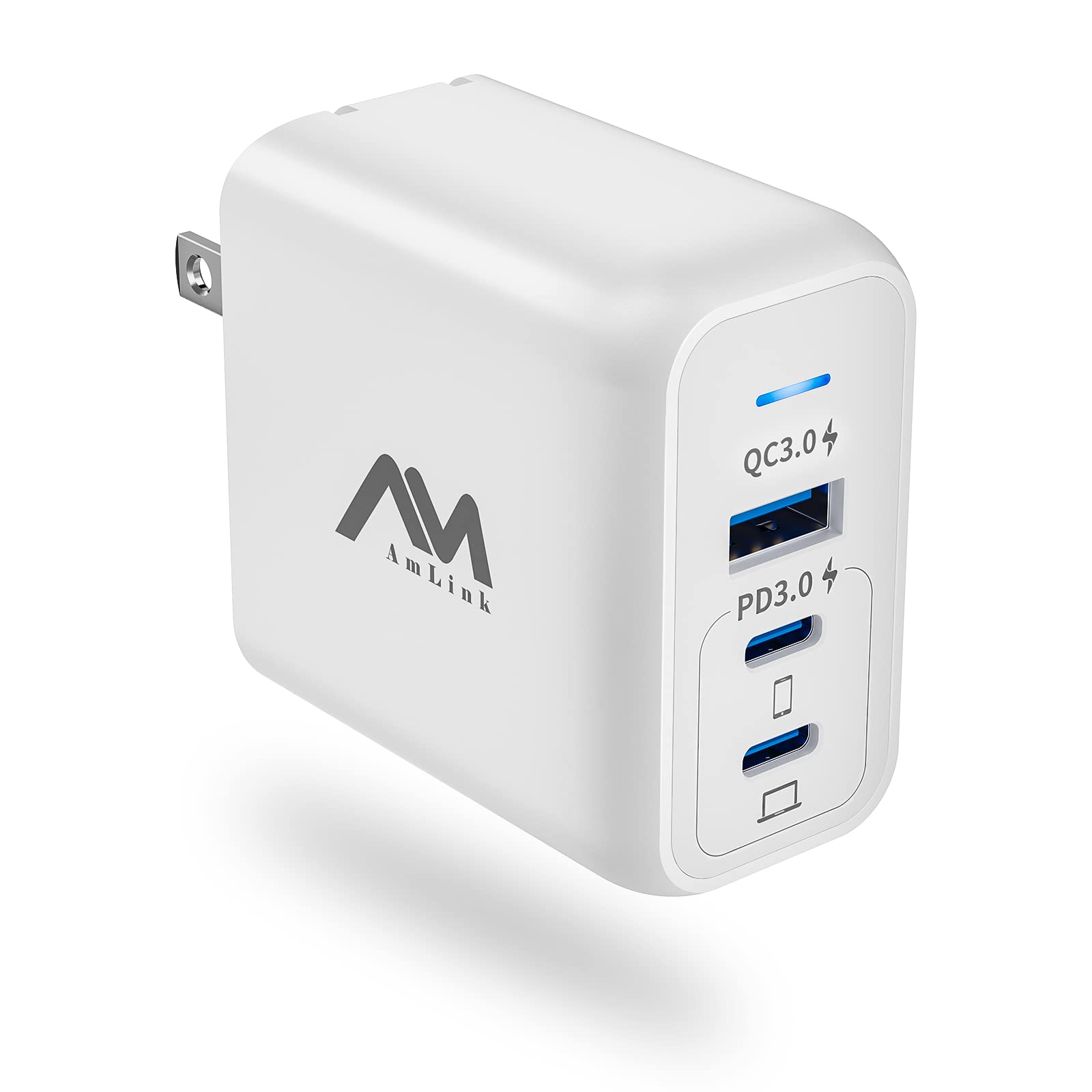 Amlink 65W GaN III USB C Wall Charger - 3-Port Fast PD 3.0 PPS Charging Block with Foldable Plug for MacBook Pro/Air, iPad, iPhone 15/14/13, Galaxy S23/S22 - Compact Travel Charger for Home, Office & Airplane Use