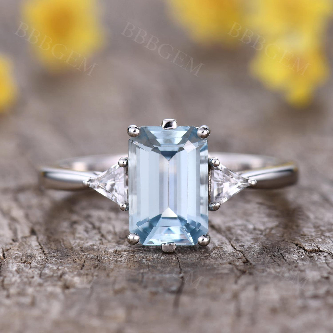 Three Stone Aquamarine Engagement Ring with White Topaz Triangle Accents in 18K Gold - Perfect for Proposals, Anniversaries & Bridal Jewelry