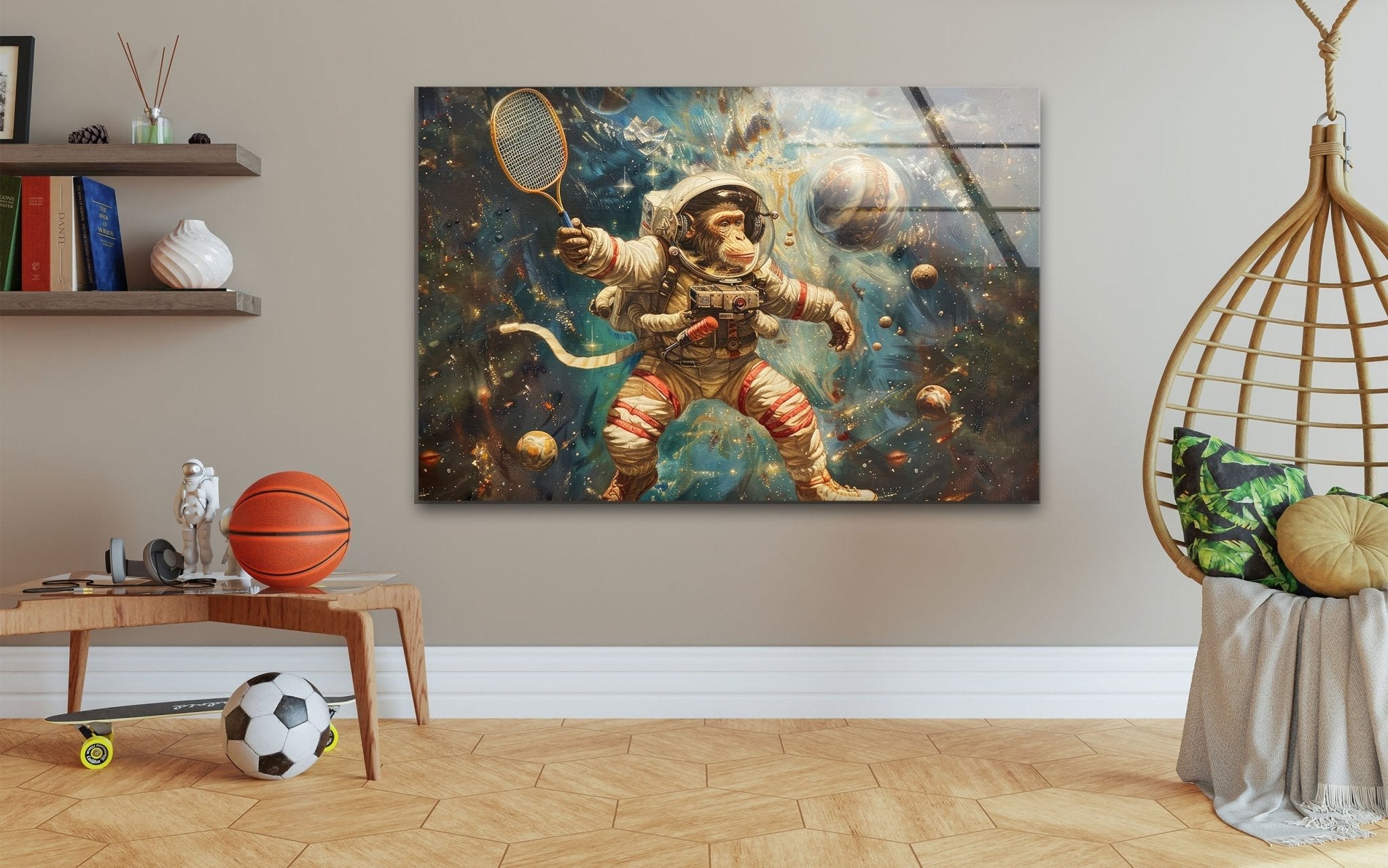 Astronaut Monkey Glass Wall Art - Unique Space Themed Home Decor for Living Room, Bedroom & Office - Perfect Gift for Sci-Fi & Space Lovers