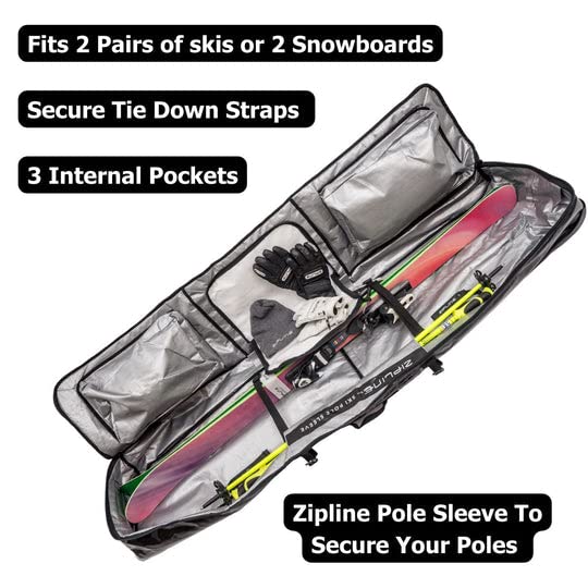 Durable Waterproof Double Ski Bag with Wheels - 180/200cm Capacity for Ski & Snowboard Equipment Storage - Travel Gear Organizer for Skiers - 3 Year Warranty - Perfect for Air Travel & Winter Sports Trips