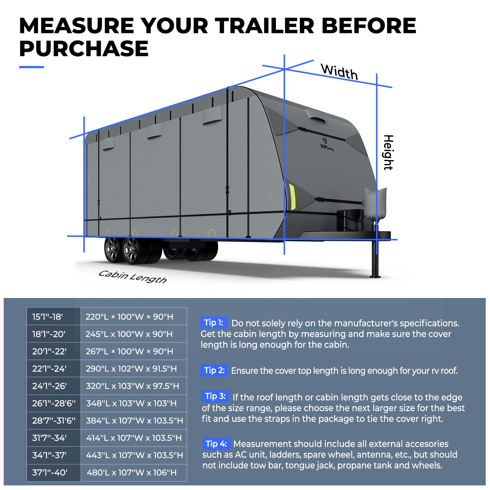 Heavy Duty 7-Layer RV Travel Trailer Cover with 4 Tire Covers for 34'1
