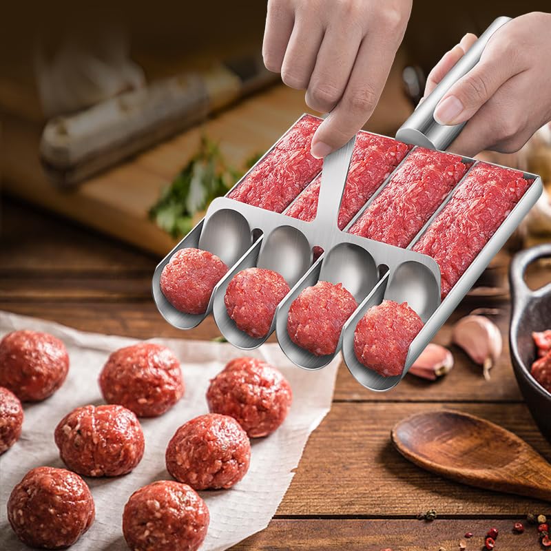 Premium 304 Stainless Steel Meatball Maker Tool - Non-Stick Quadruple Meatball Scoop for Easy Cooking & Baking | Perfect for Homemade Italian Meatballs, Meal Prep & Party Appetizers