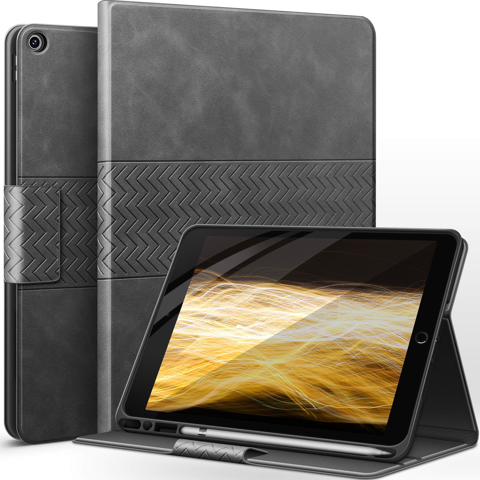 Premium Vegan Leather iPad Case for iPad 9th/8th/7th Gen 10.2 inch (2021/2020/2019 Models) - with Apple Pencil Holder & Auto Sleep/Wake Smart Cover - Protective Gray Cover for Work, School & Travel