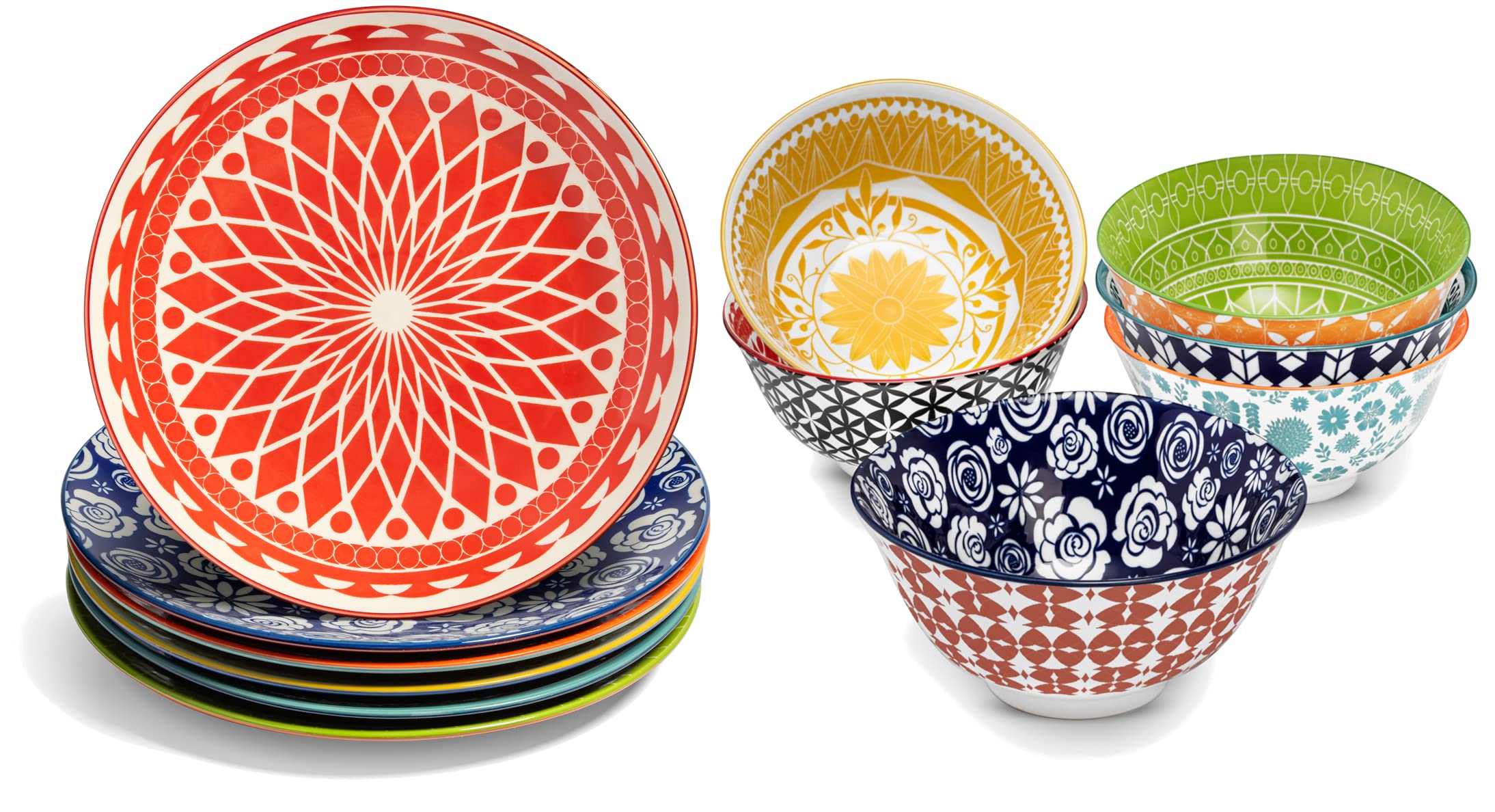 **Annovero 16-Piece Colorful Porcelain Dinnerware Set - Cereal Bowls & Dinner Plates, Microwave & Dishwasher Safe, Durable Kitchen Dishes for Everyday Meals, Family Gatherings & Restaurant Use**