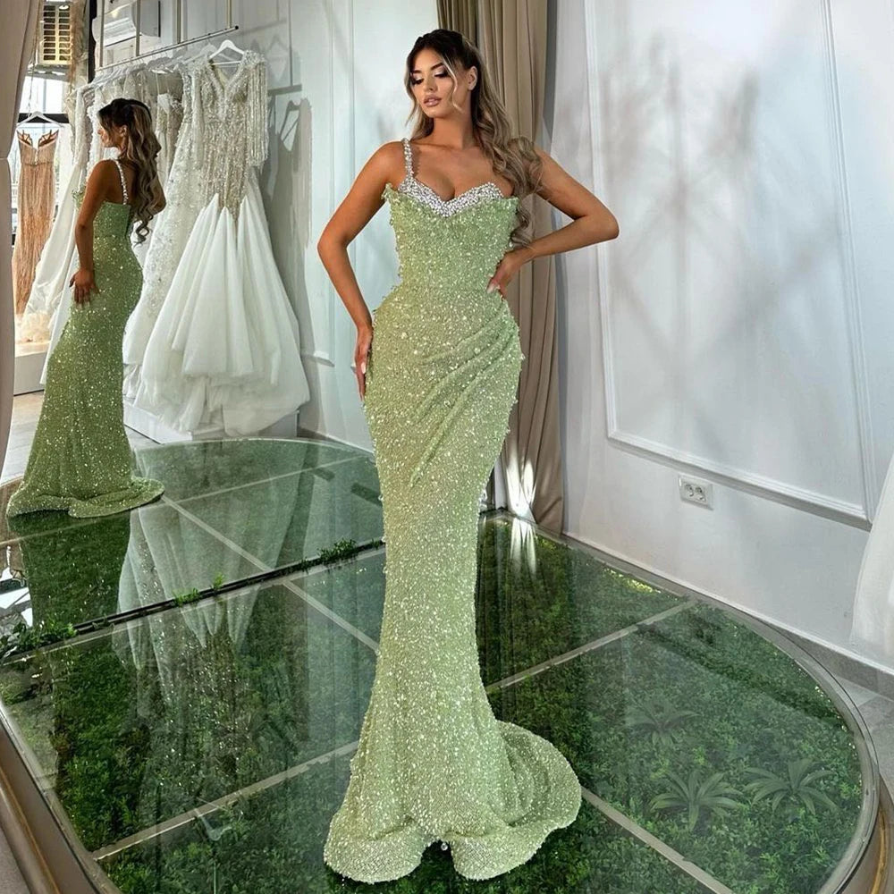 Serene Hill Sage Green Mermaid One Shoulder Beaded Crystal Luxury Evening Gown for Women - Dubai Party Dress 2025 LA72419 | Perfect for Galas, Red Carpet Events & Formal Occasions
