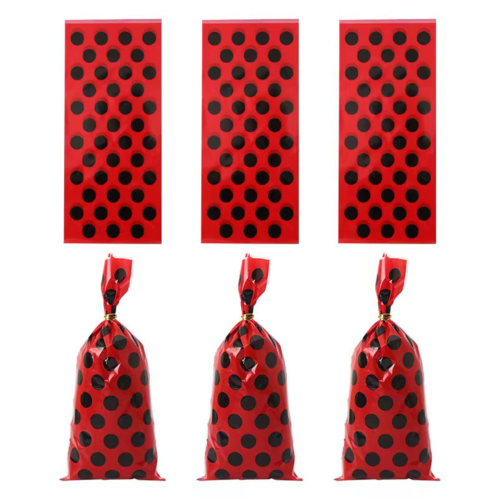 50 Pieces Red Cellophane Bags with Black Polka Dots - 4x6 Inch Candy Favor Bags for Birthday Parties, Baby Showers & Ladybug Themed Events - Treat Bags for Candy, Cookies & Small Gifts