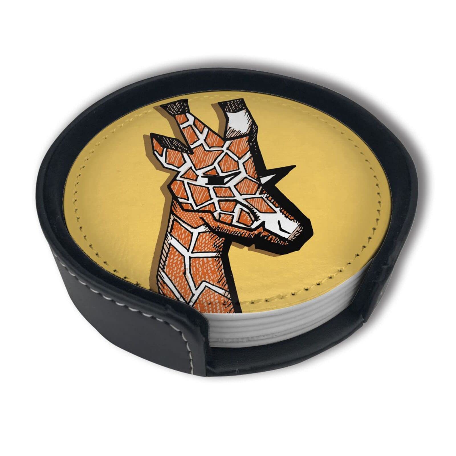 Premium Giraffe Yellow Leather Drink Coasters with Holder - Set of 6, Non-Slip Cup Protectors for Coffee, Wine & Beverages - Perfect for Home, Office & Party Use